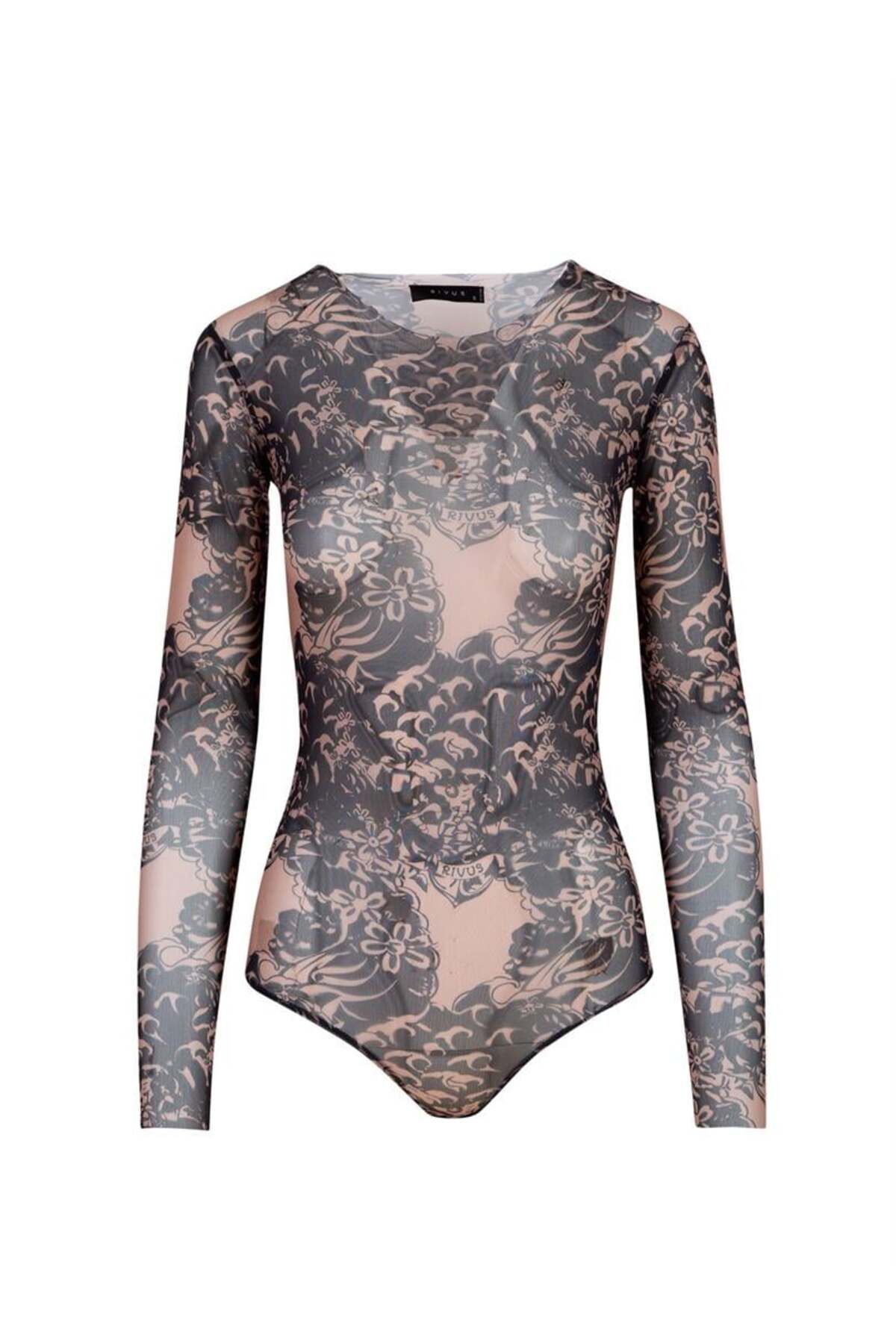 RİVUS-Tattoo Patterned Transparent Tulle Body with Snap Fasteners from the Bottom - Tattoo Pattern 3