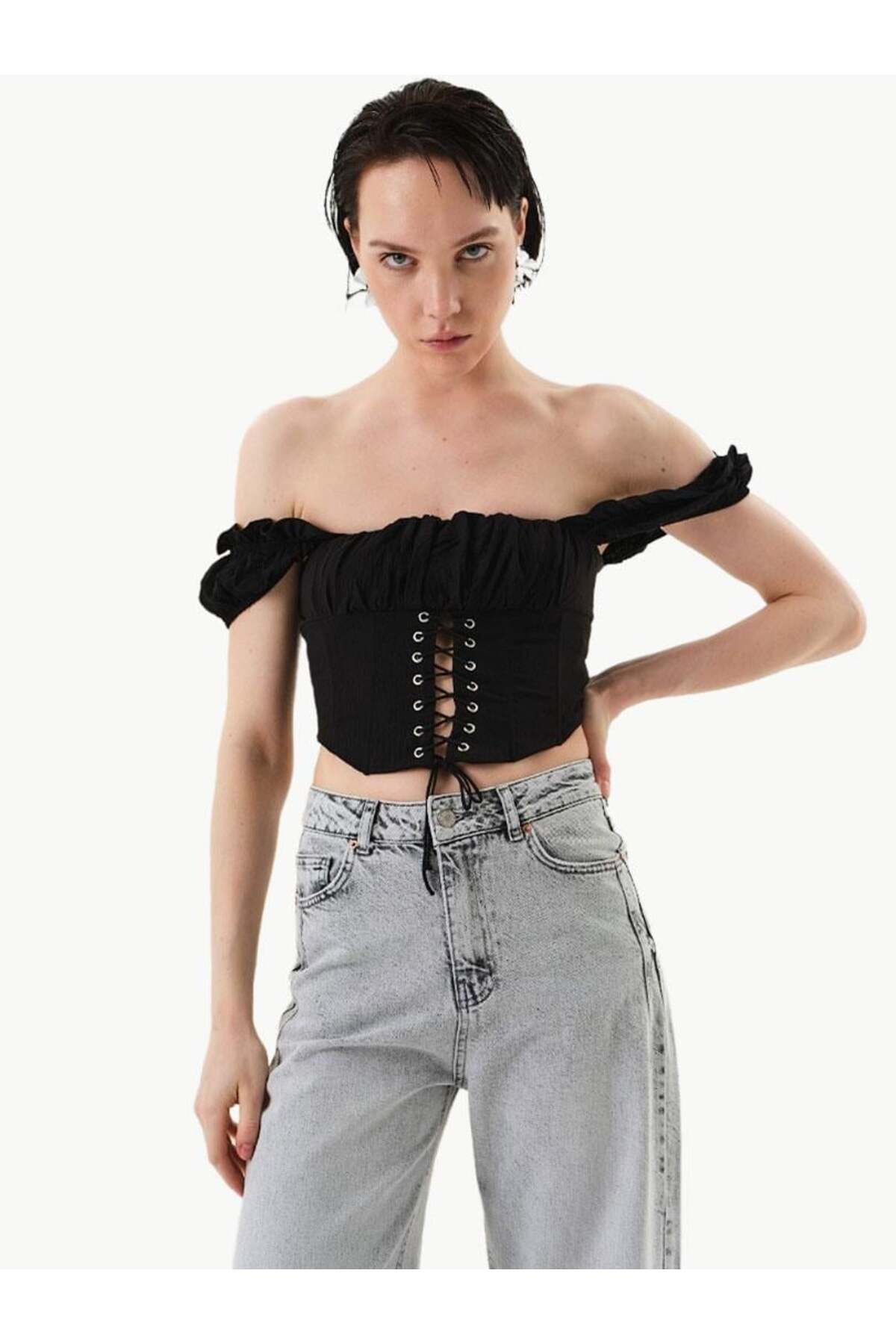 RİVUS-Black Gathered Low Sleeve Bustier 1