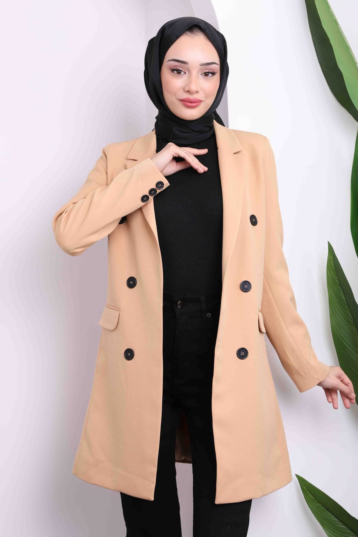 İmajButik-Beige Double Breasted Collar Lined Jacket 2