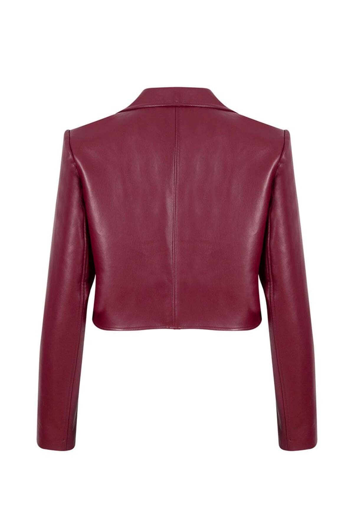 RİVUS-Crop Vegan Leather Jacket - Claret Red 4