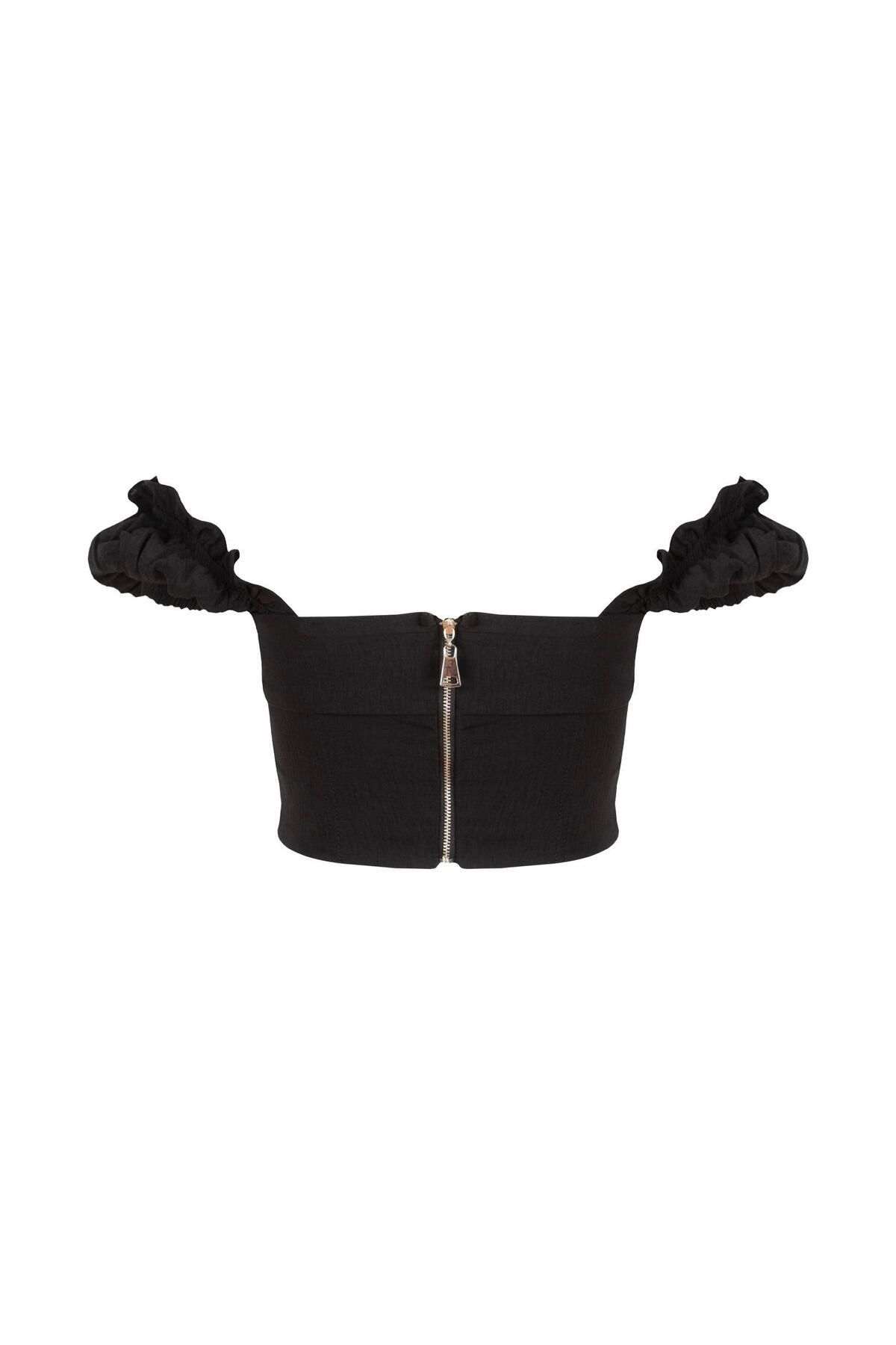 RİVUS-Black Gathered Low Sleeve Bustier 6