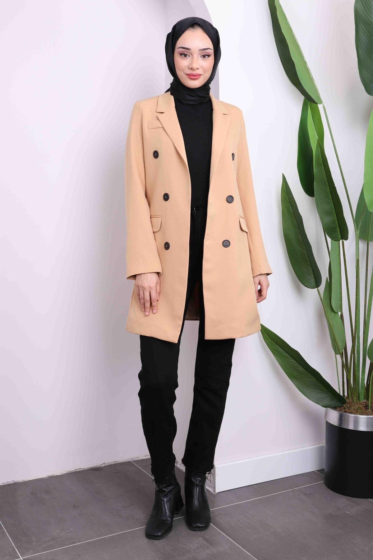 İmajButik-Beige Double Breasted Collar Lined Jacket 4