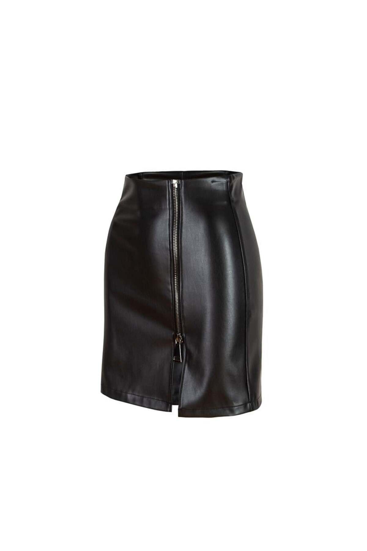 RİVUS-Zippered Vegan Mini Leather Skirt - Black 5