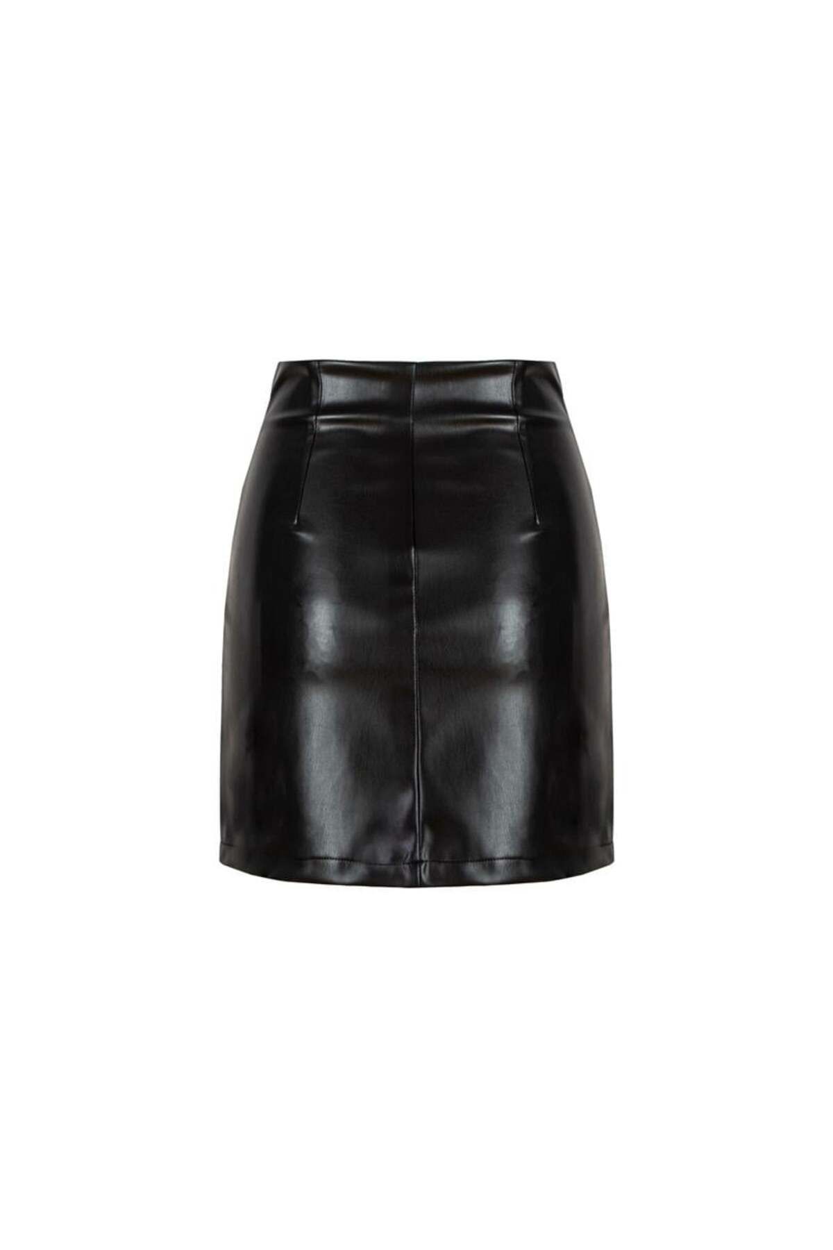 RİVUS-Zippered Vegan Mini Leather Skirt - Black 6