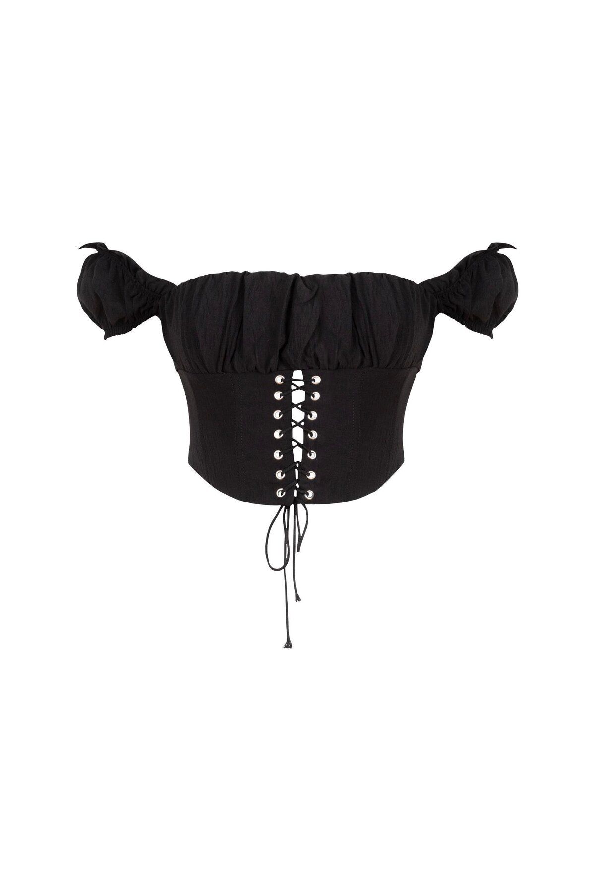 RİVUS-Black Gathered Low Sleeve Bustier 4