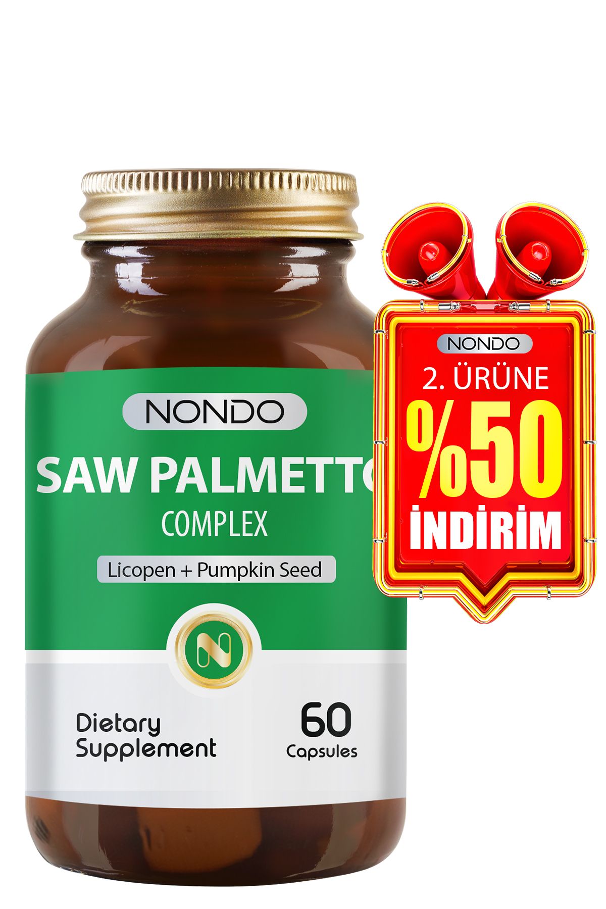 Nondo Saw Palmetto Kompleks 60 Kapsül ( Cüce Palmiye Likopen Isırgan Otu Çinko Bal Kabağı )