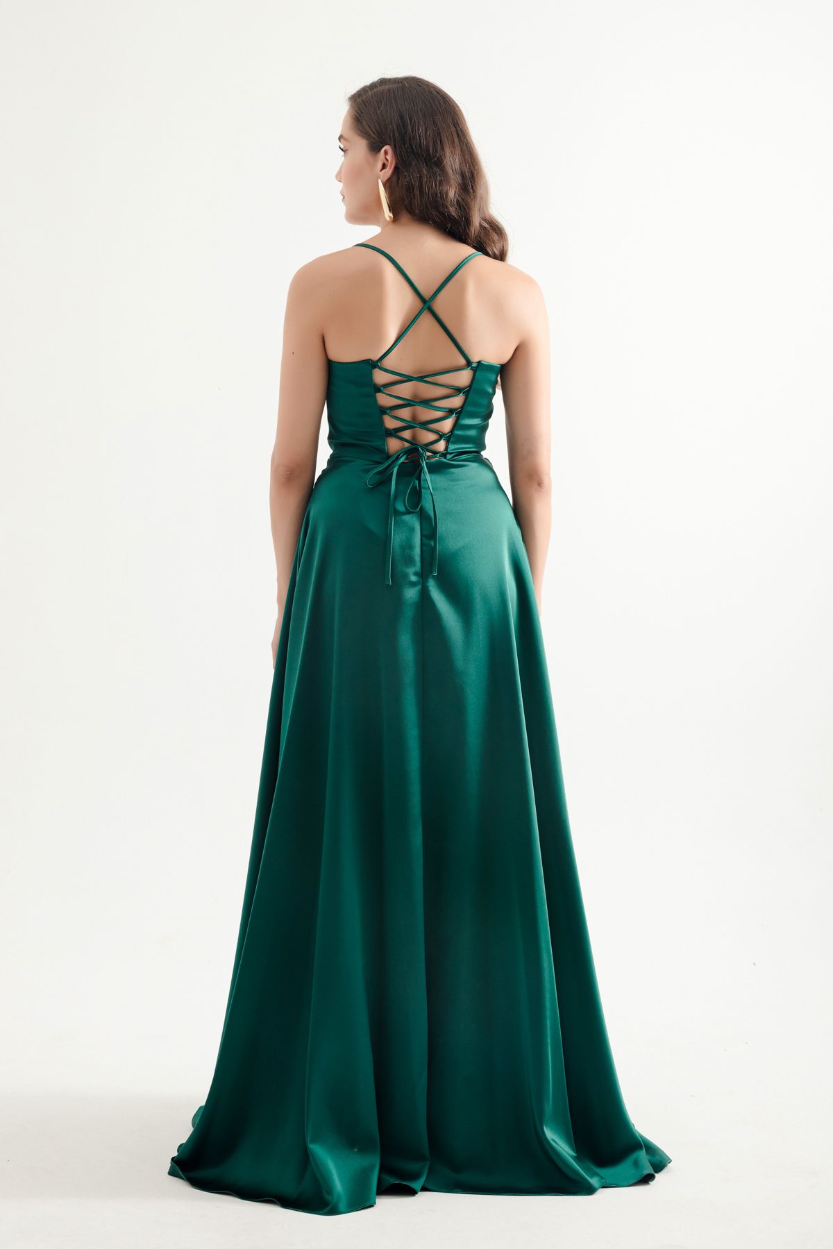 Lafaba-Emerald Green Satin Evening Dress - Long Dress with Straps 5