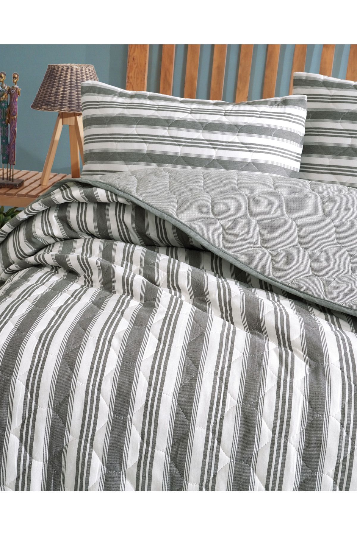 luxtex-Double Quilted Striped Patterned Fiber Filled Multi-Purpose Bedspread 3