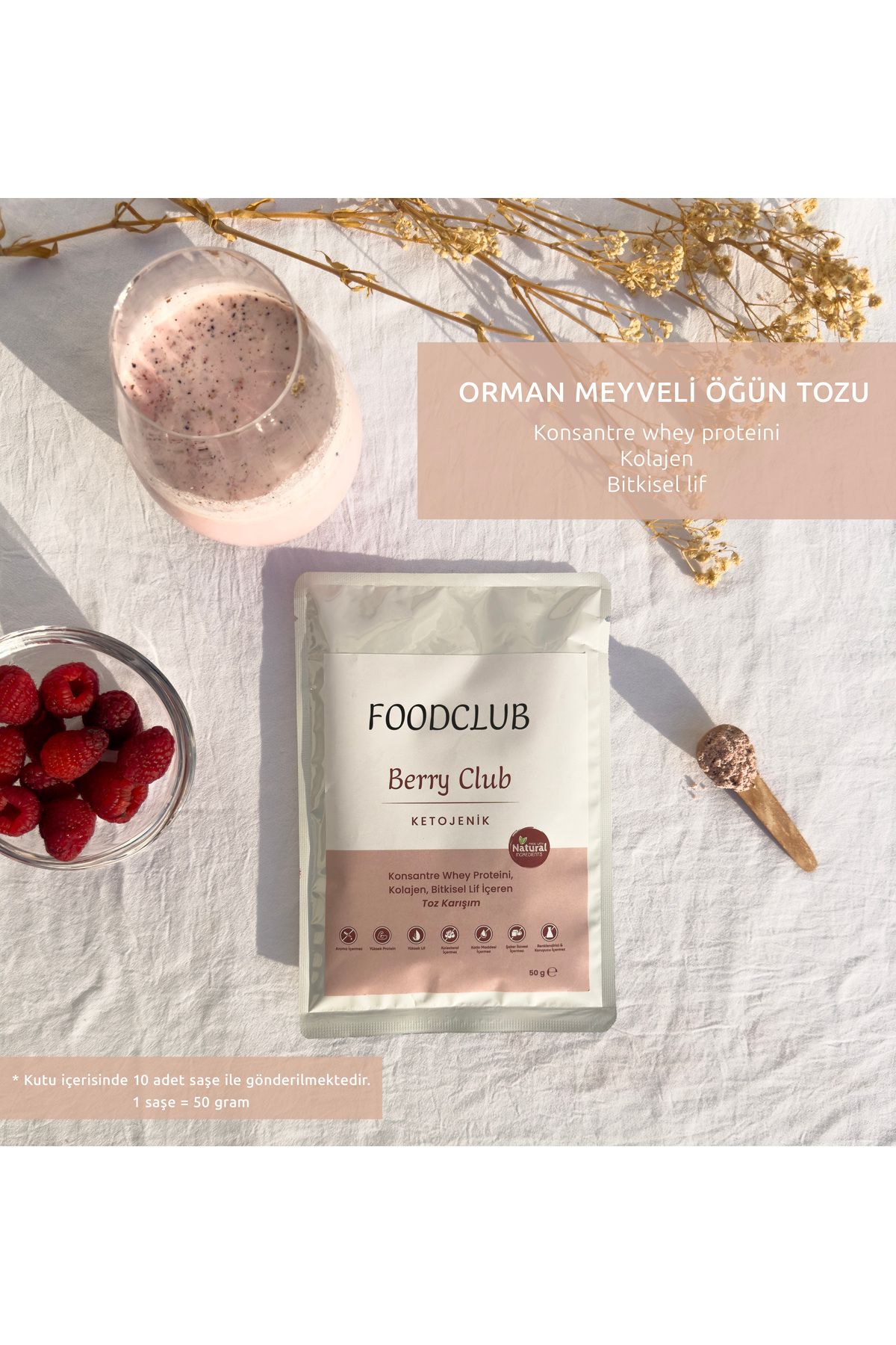 Foodclub Berry Club Orman Meyveli Öğün Tozu 10x50 gram Whey Proteini, Kolajen, Lif