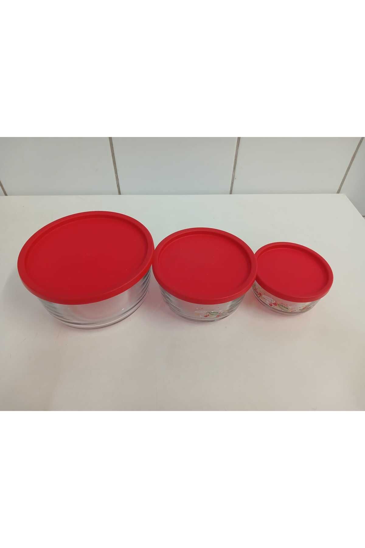 LAV-Feyzade Set of 3 Circle Storage Boxes (1490Cc-800Cc-380Cc) Rose Motif with Red Lid 4