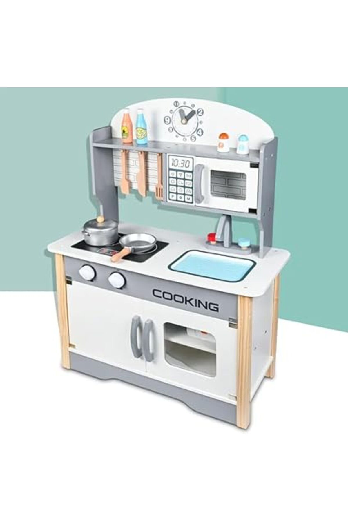 ALBADER-Play Kitchen, Real Wooden Kitchen Set for Kids with Microwave, Wooden Play Kitchen 4