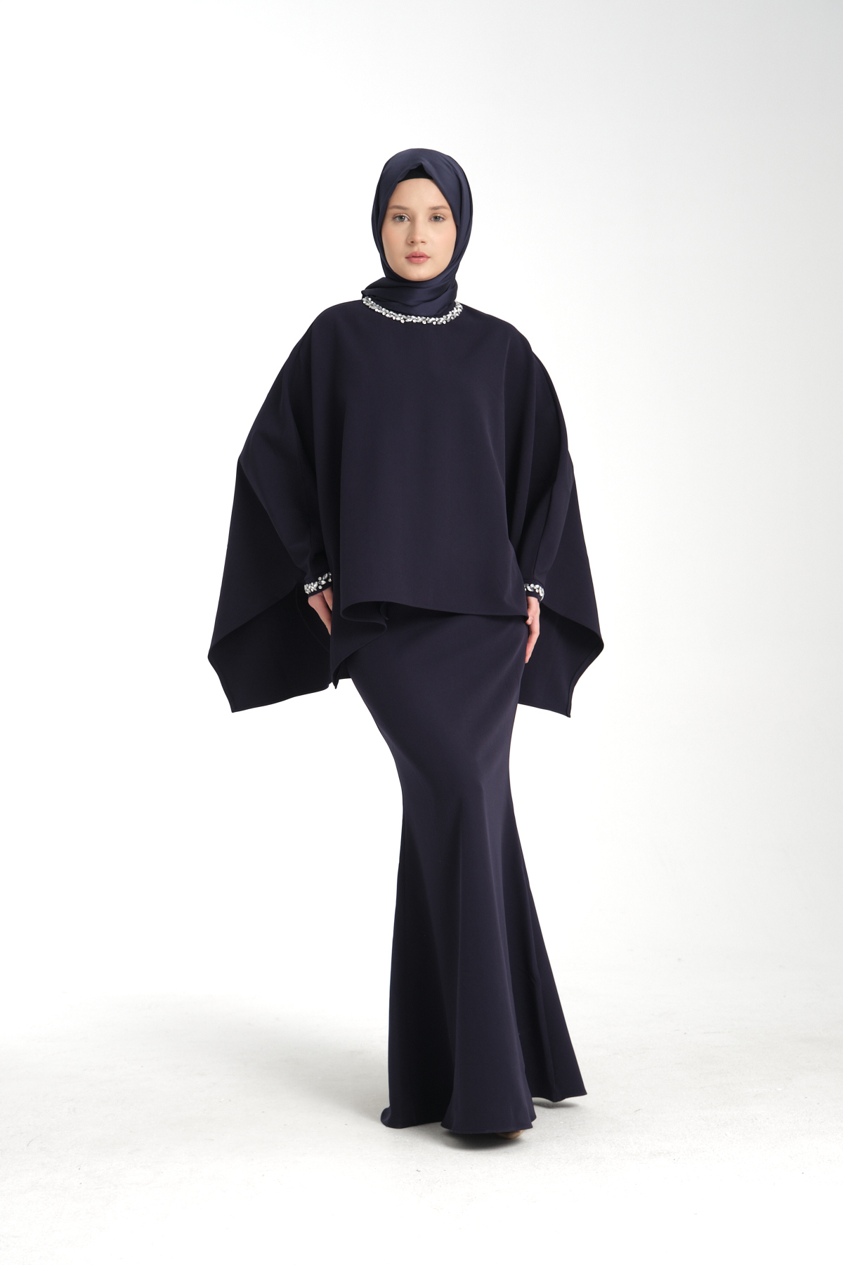 Stone Embroidered Navy Blue Women's Modest Dress 2pcs Evening Set