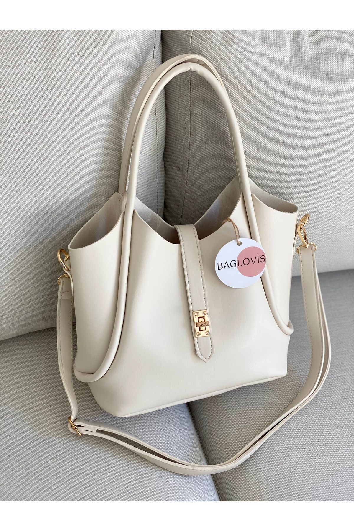 BAGLOVİS-Yavru Bag Extra Front Lock Detailed Cream Women's Shoulder Bag 2