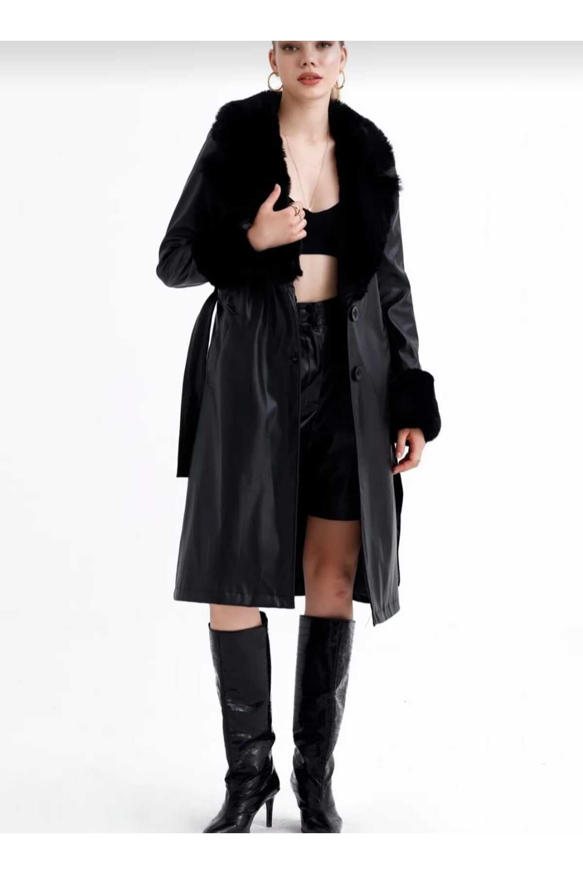 POLANGEL-Furry Long Leather Women's Trench Coat 5