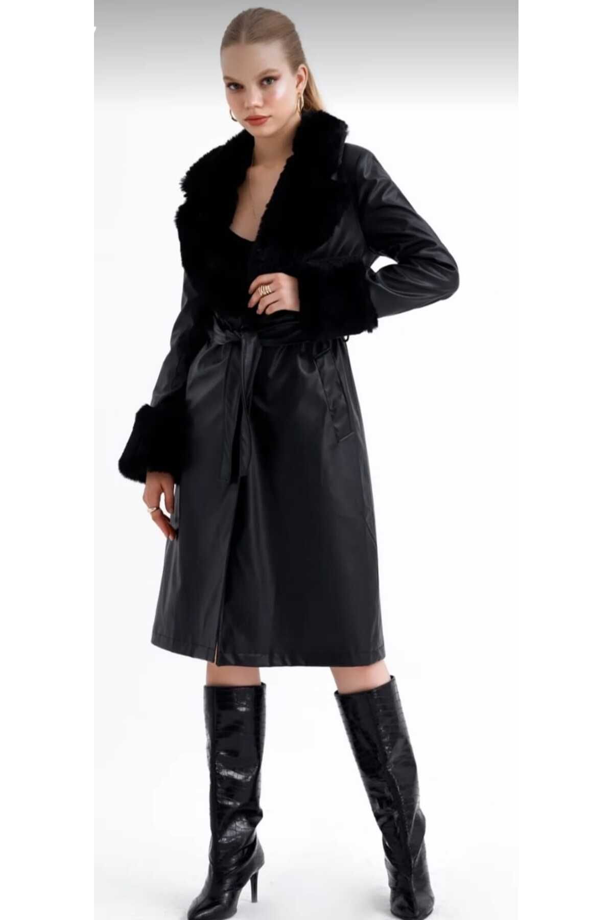 POLANGEL-Furry Long Leather Women's Trench Coat 1