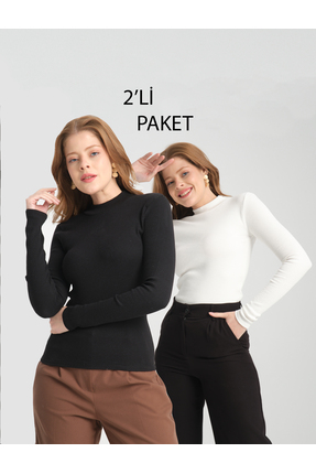 Lisirru Kadın  Yarım Balıkçı Yaka Tam Boy Uzun Kollu  Fitilli Basic Örme Bluz