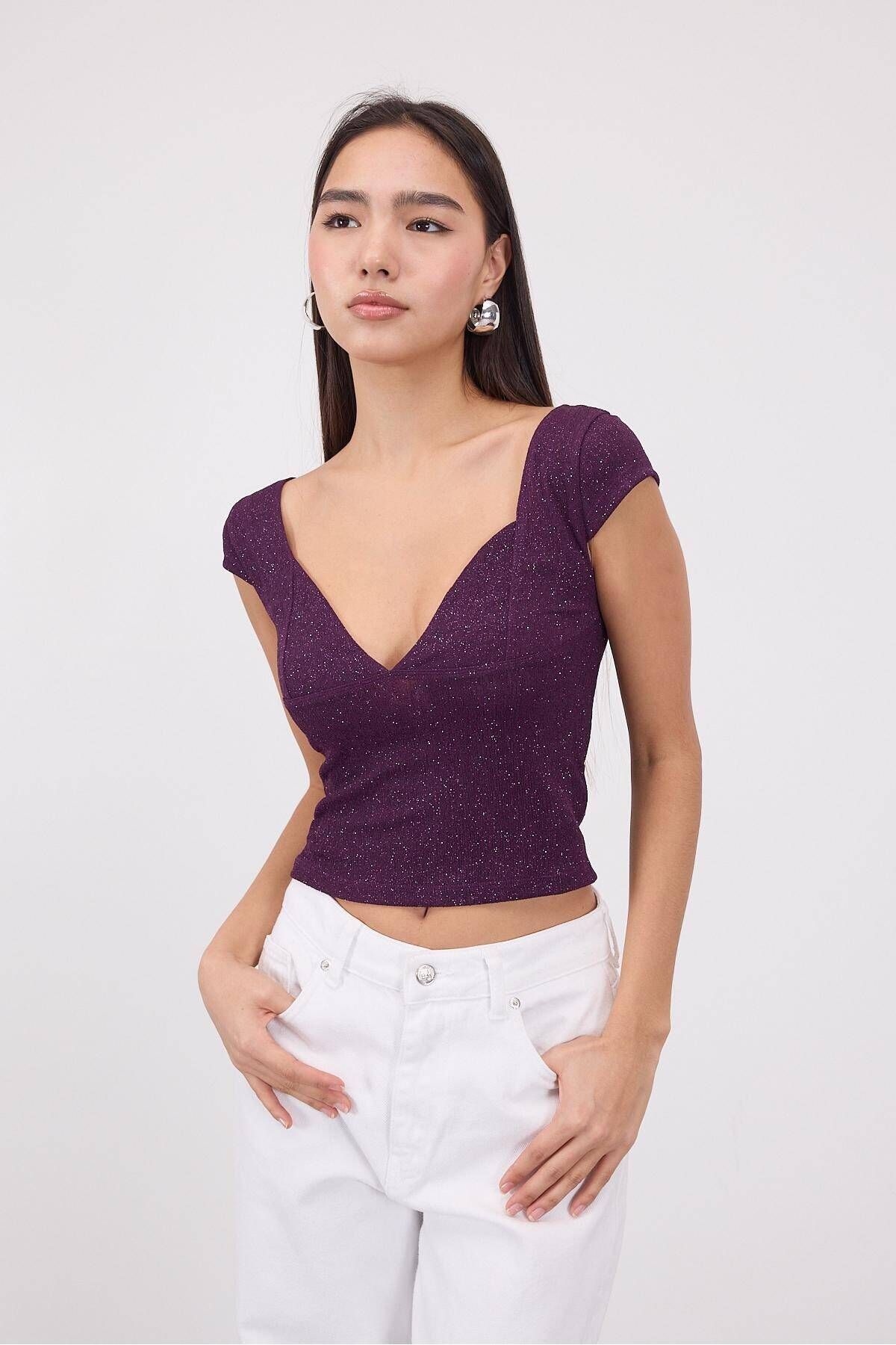 Addax-V-Neck Silvery Crop Blouse B1580-E2 1