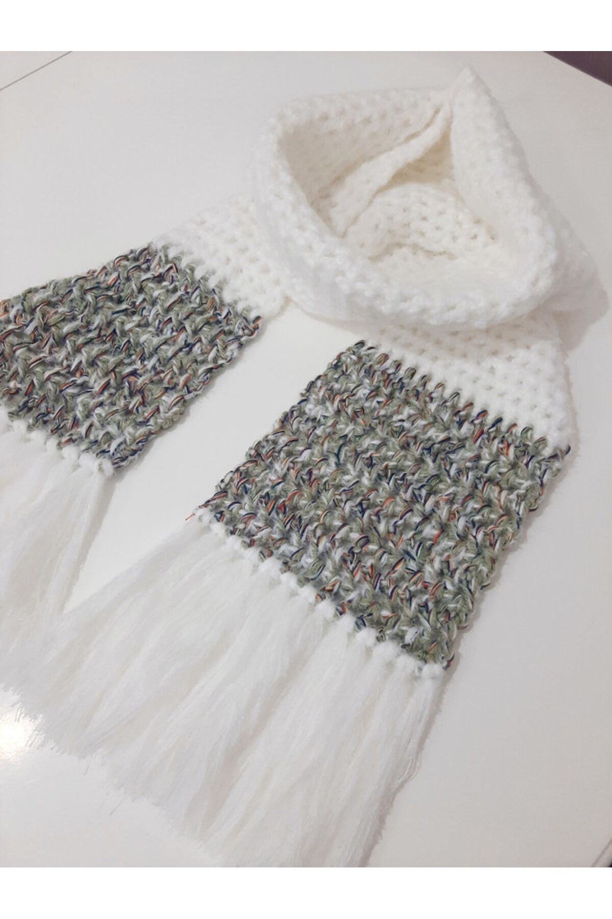 zümal tekstil tasarım-Hand Knitted Scarf Cashew Handmade (Ecru-Green) 3