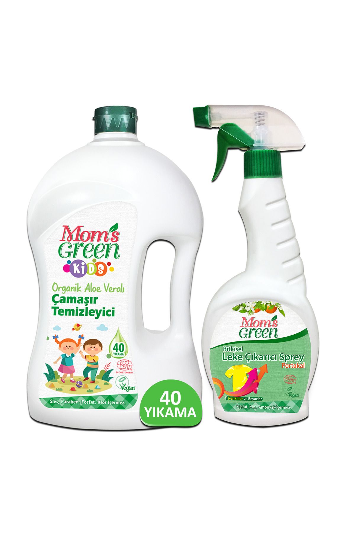 Mom's Green 2'li Set-Mom's Green 1500 ml Çocuk Çamaşır Temizleyici (40 Yıkama) ve Bitkisel Leke Çıkarıcı 750 ml