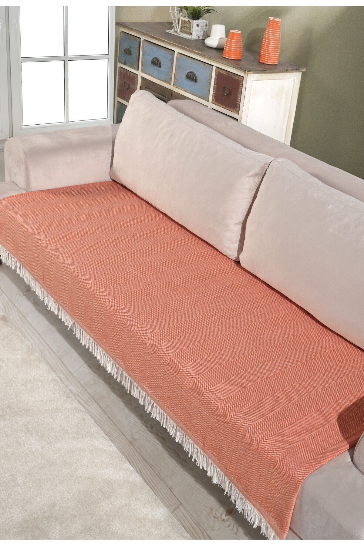 Miracolo Home-115X200 Orange Striped Cotton Sofa Cover - Front Fringed Patterned 2