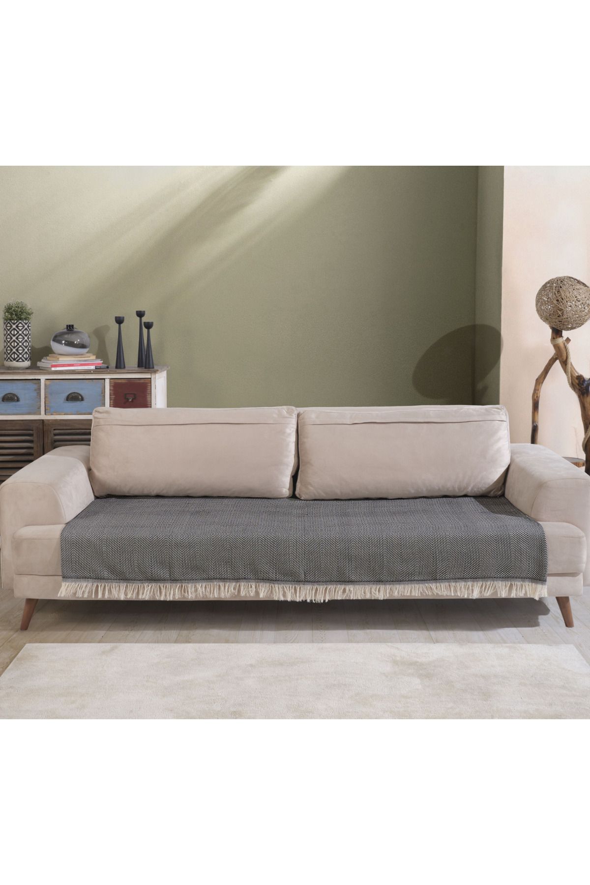 Miracolo Home-غطاء أريكة قطن مخطط باللون الأسود مقاس 115x200 - نمط أمامي مهدب 1