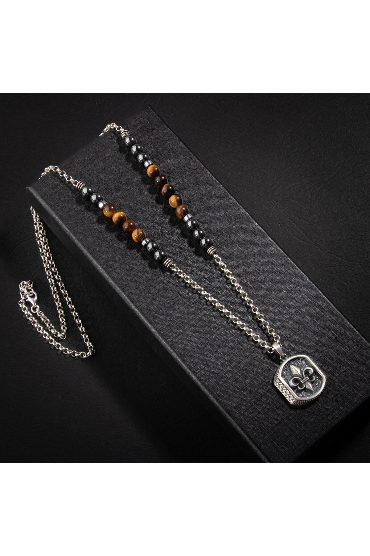 OSMANLI DOĞAL TAŞ-Tiger Eye-hematite Natural Stone Men's Silver Design Necklace 3