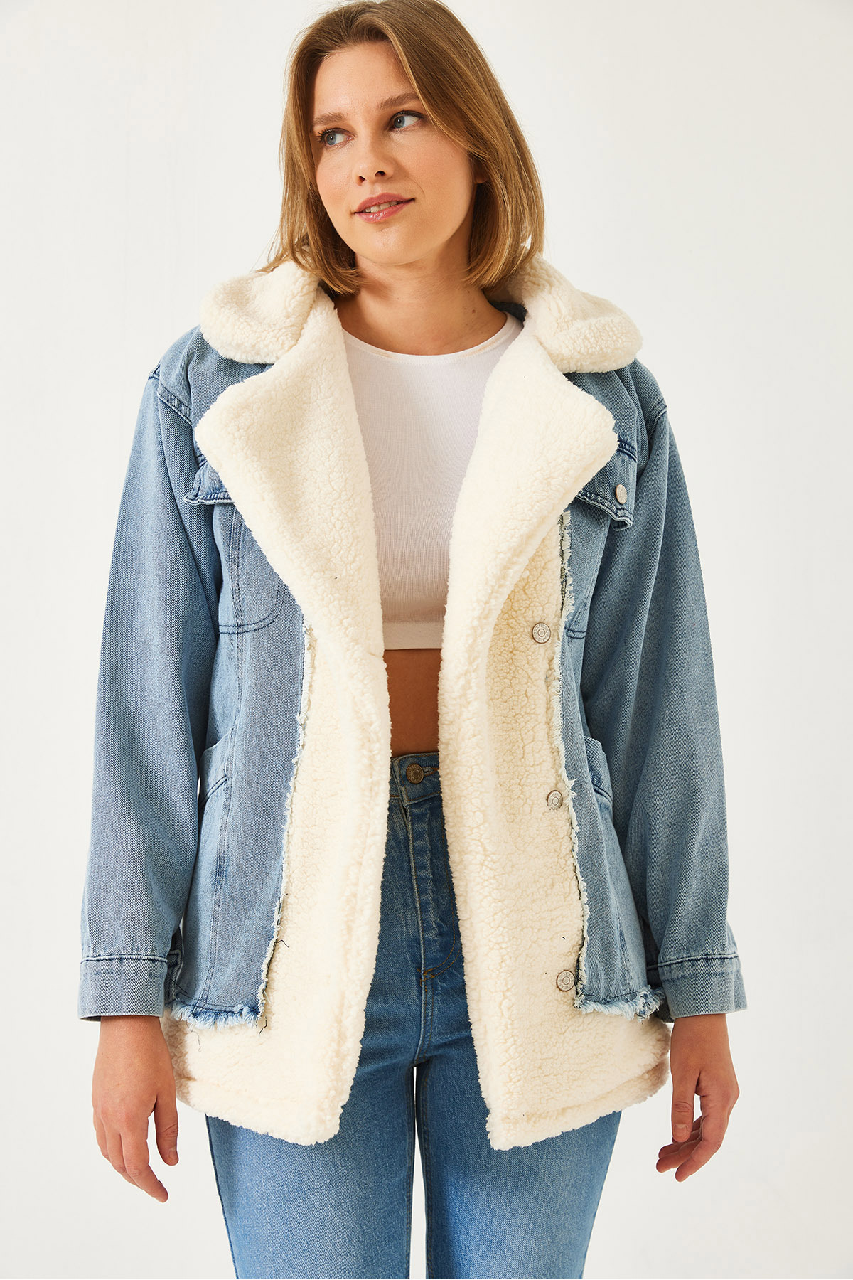 LUCCI Faux Fur Shawl Collar Denim Jacket 2