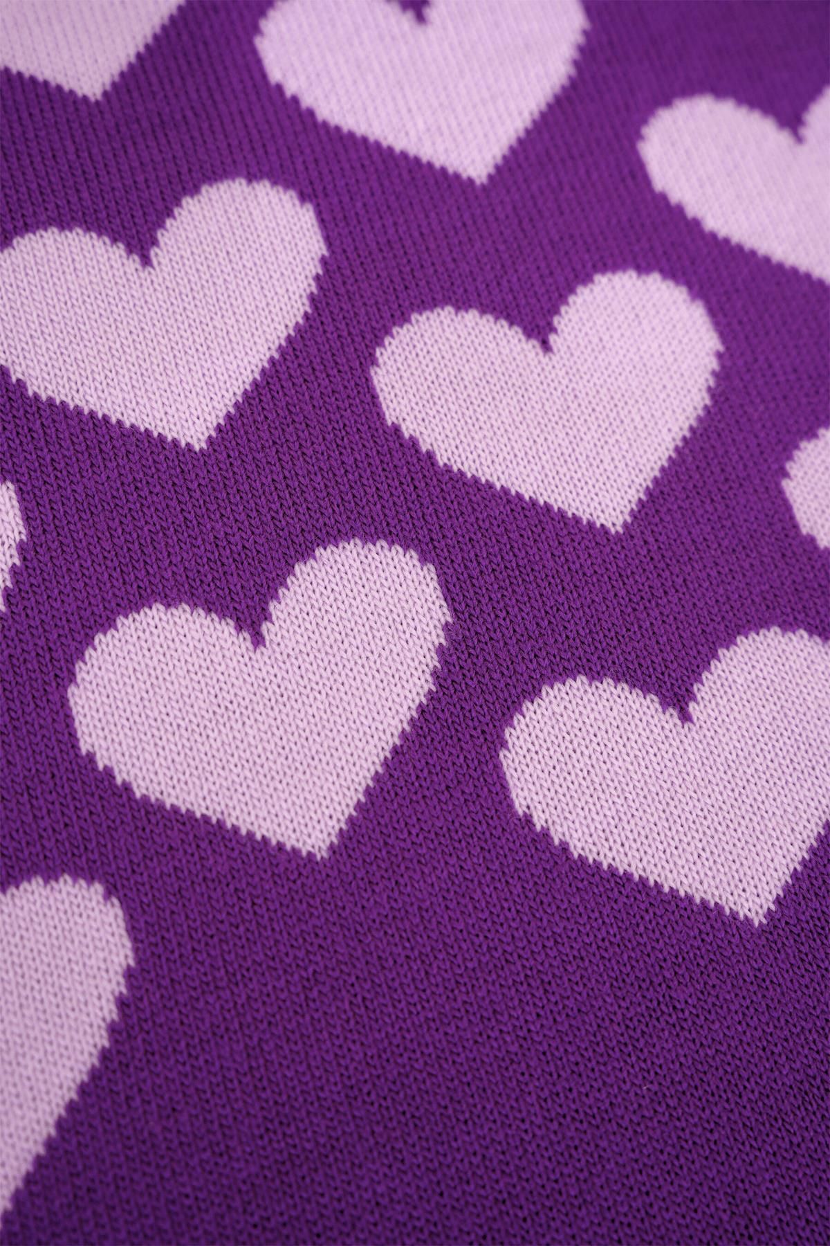 CHUBA-7-12 Years Old Children's Purple Pompom Scarf Beanie Set - Heart Patterned Chkıds105 3