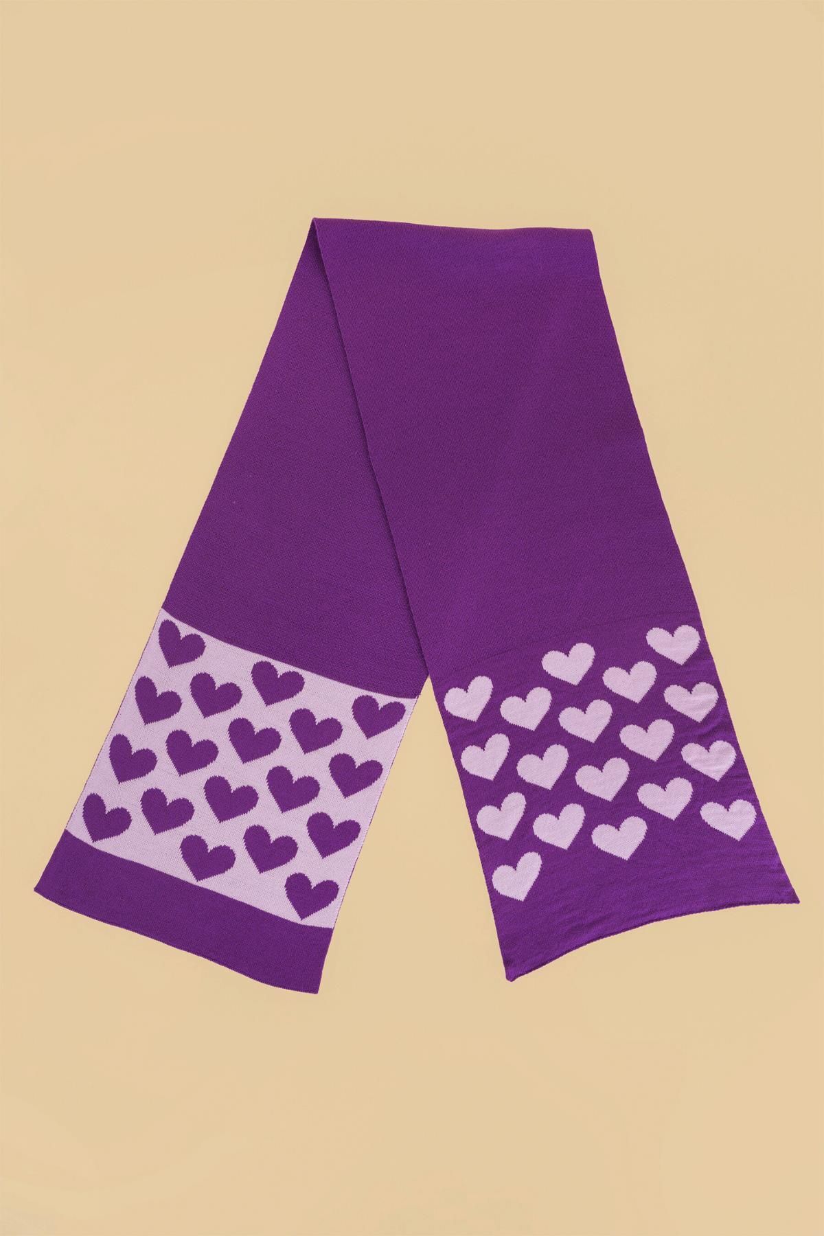 CHUBA-7-12 Years Old Children's Purple Pompom Scarf Beanie Set - Heart Patterned Chkıds105 2