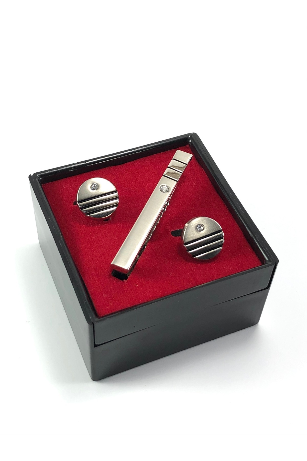 مجموعه جعبه‌ای دکمه سرآستین با سنگ و گیره کراوات