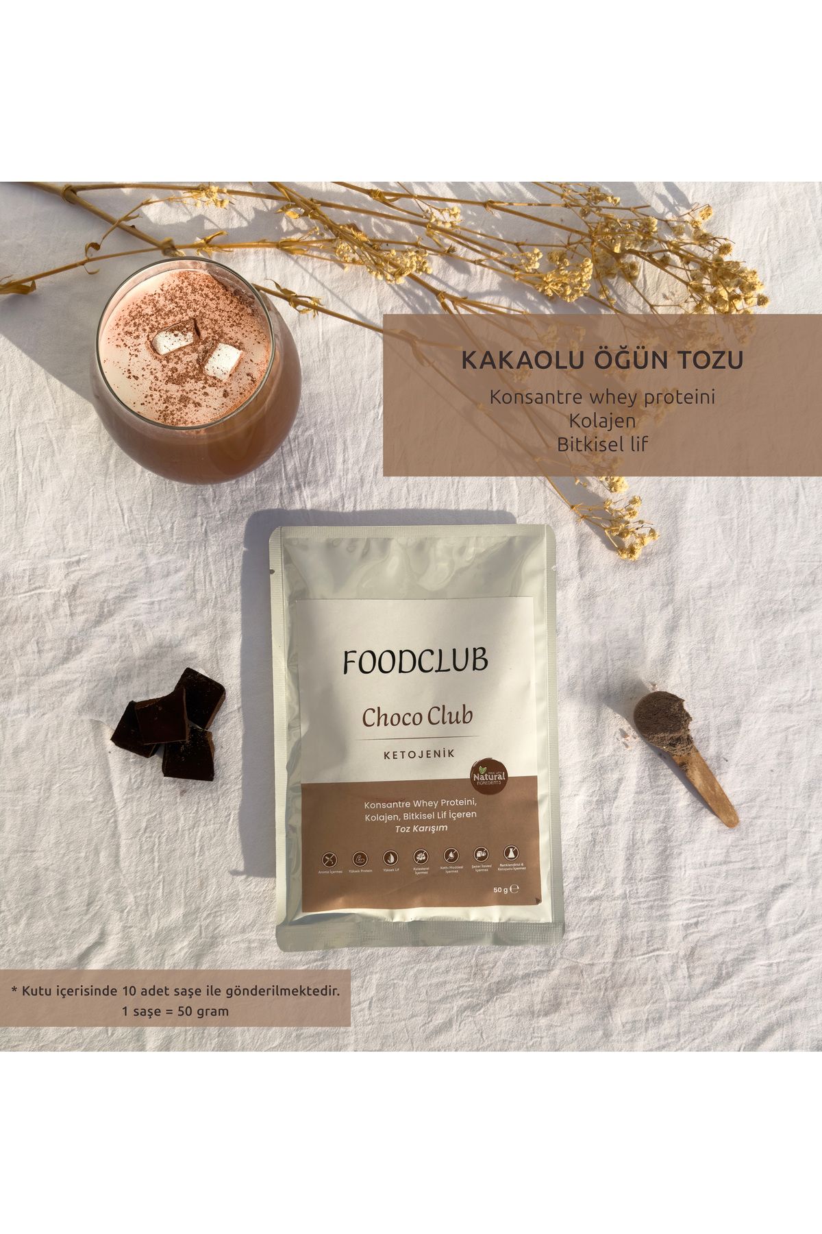 Foodclub Choco Club Kakaolu Öğün Tozu 10x50 gram Whey Proteini, Kolajen, Lif