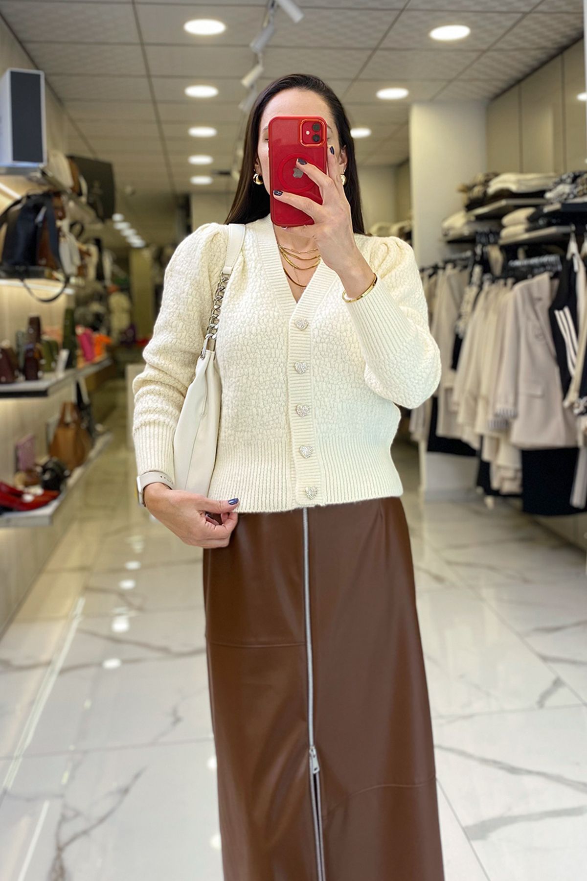 ژاکت جلو باز زنانه لباس روی دکمه مد بافتنی ECRU CARDIGAN اورجینال Vosse