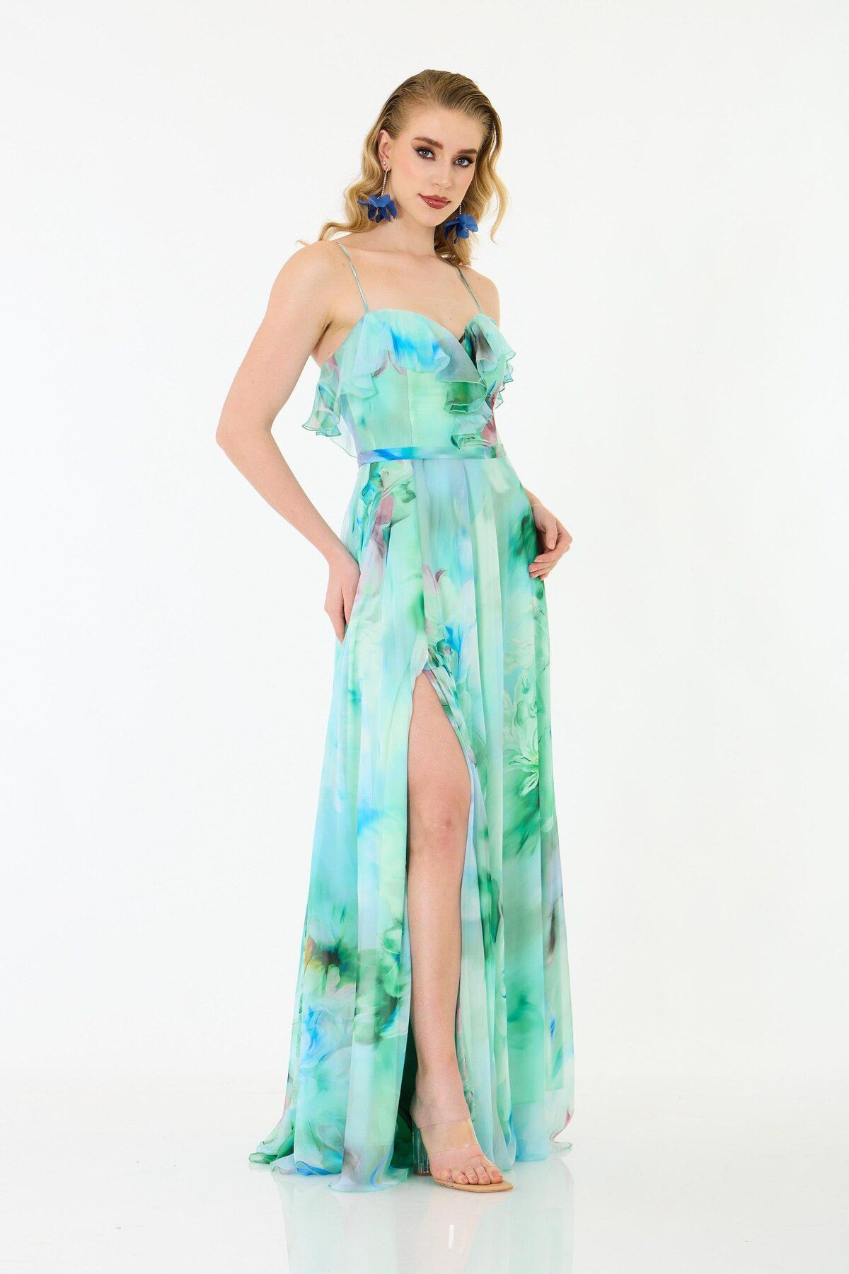 Carmen-Green Straps Long Printed Chiffon Evening Dress 4