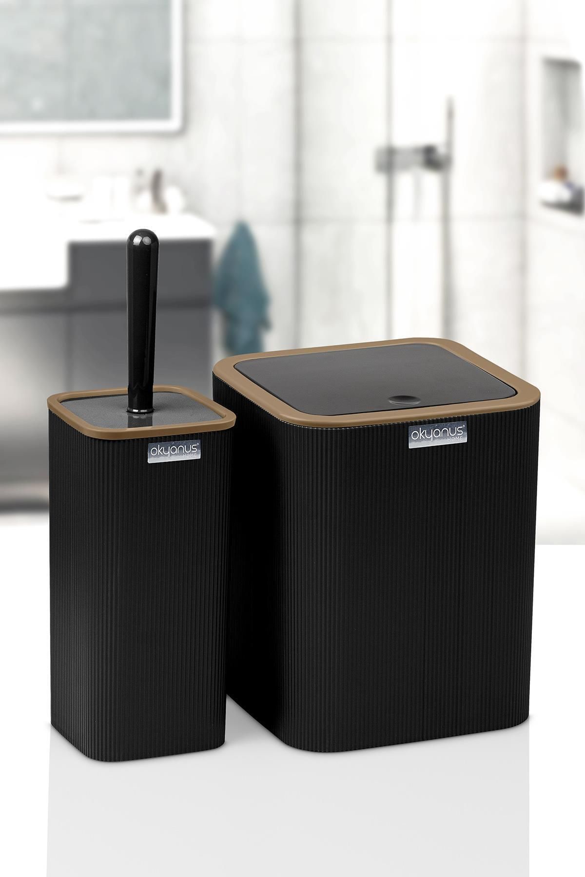 Okyanus Home-Mina Due Black Striped Square 2-Piece Wc Bucket and Brush Set 3