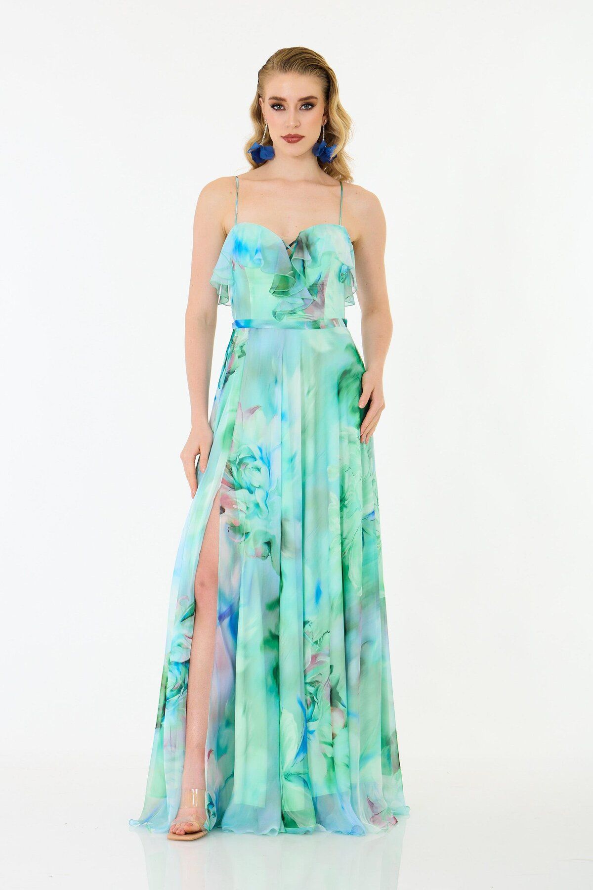 Carmen-Green Straps Long Printed Chiffon Evening Dress 1