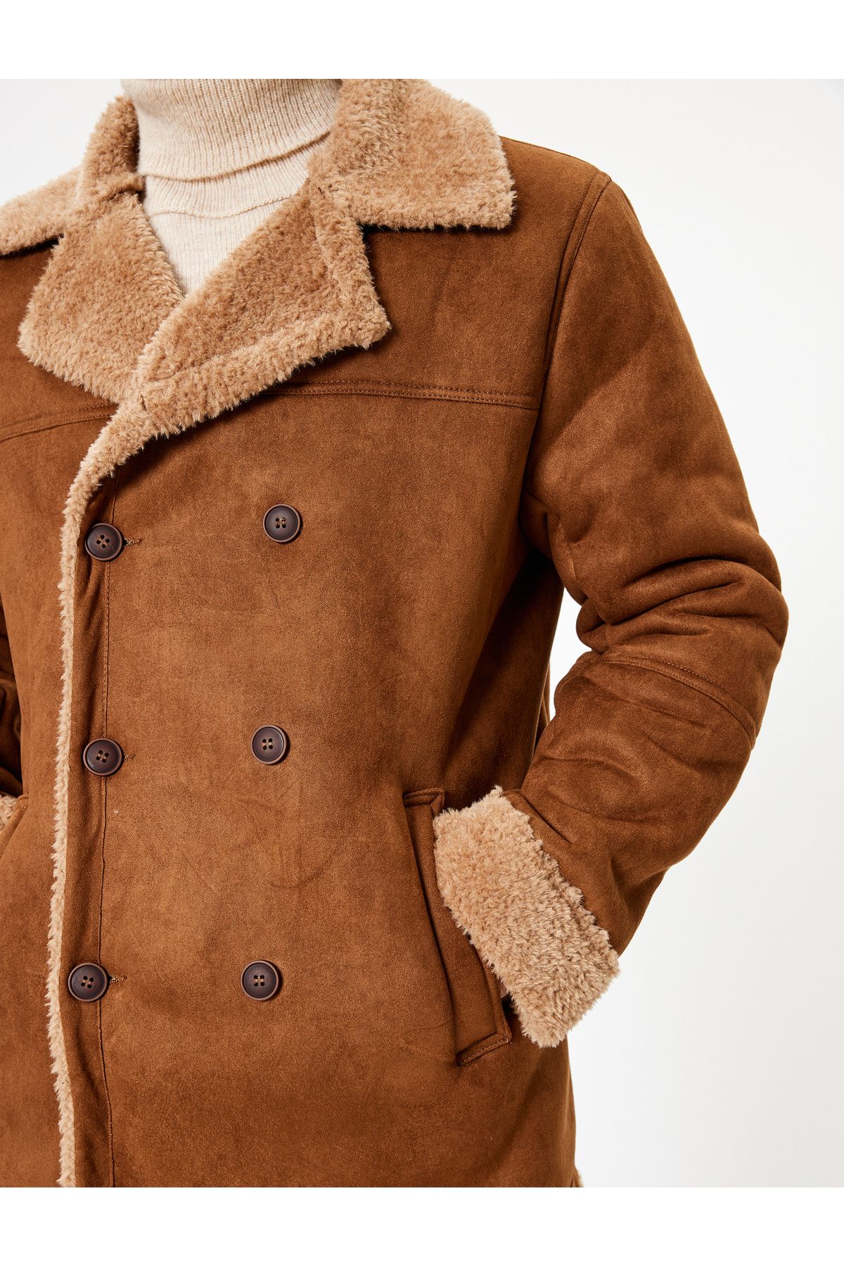 Koton-Slim Fit Coat Suede Look Plush Inside Buttoned 5
