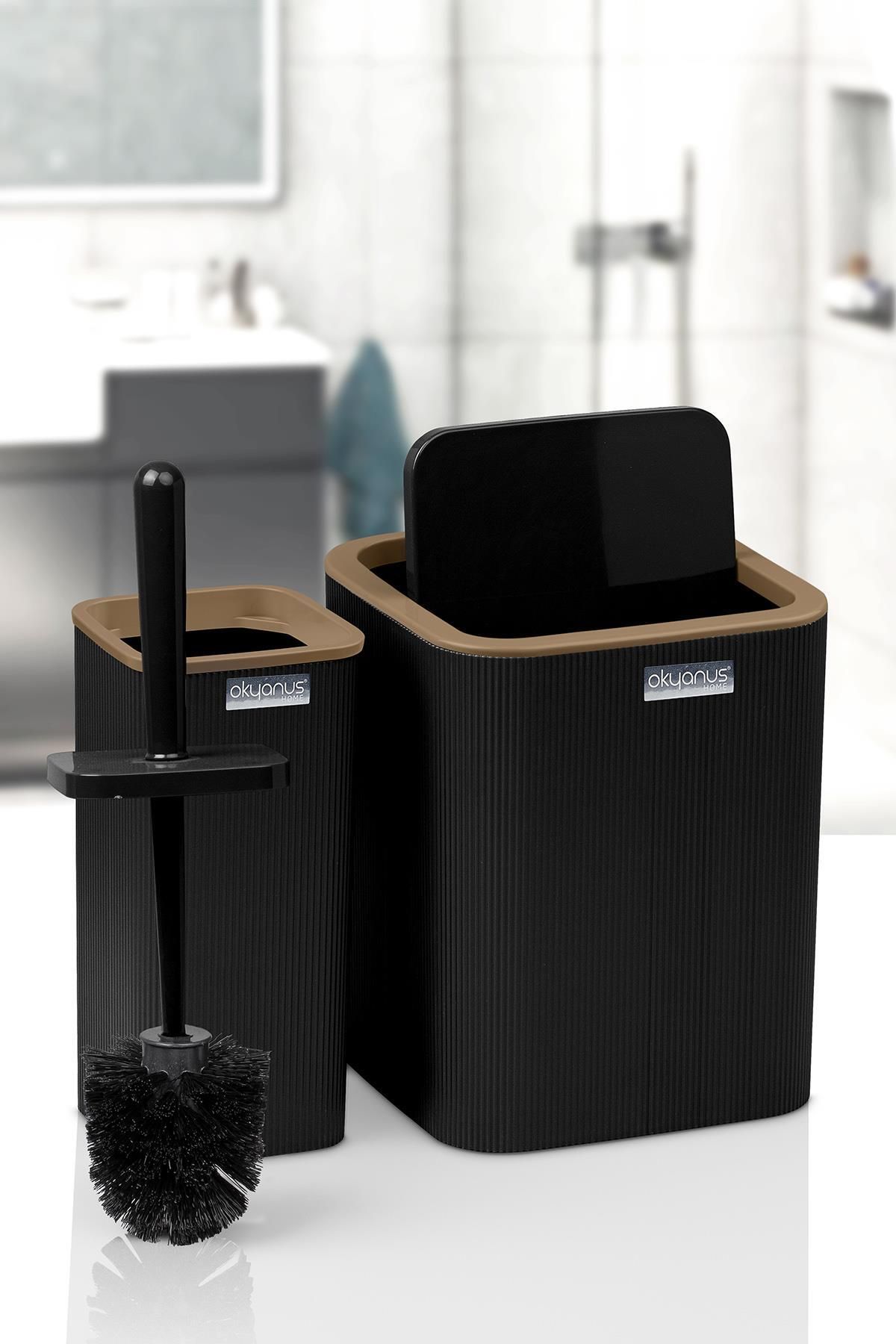 Okyanus Home-Mina Due Black Striped Square 2-Piece Wc Bucket and Brush Set 2