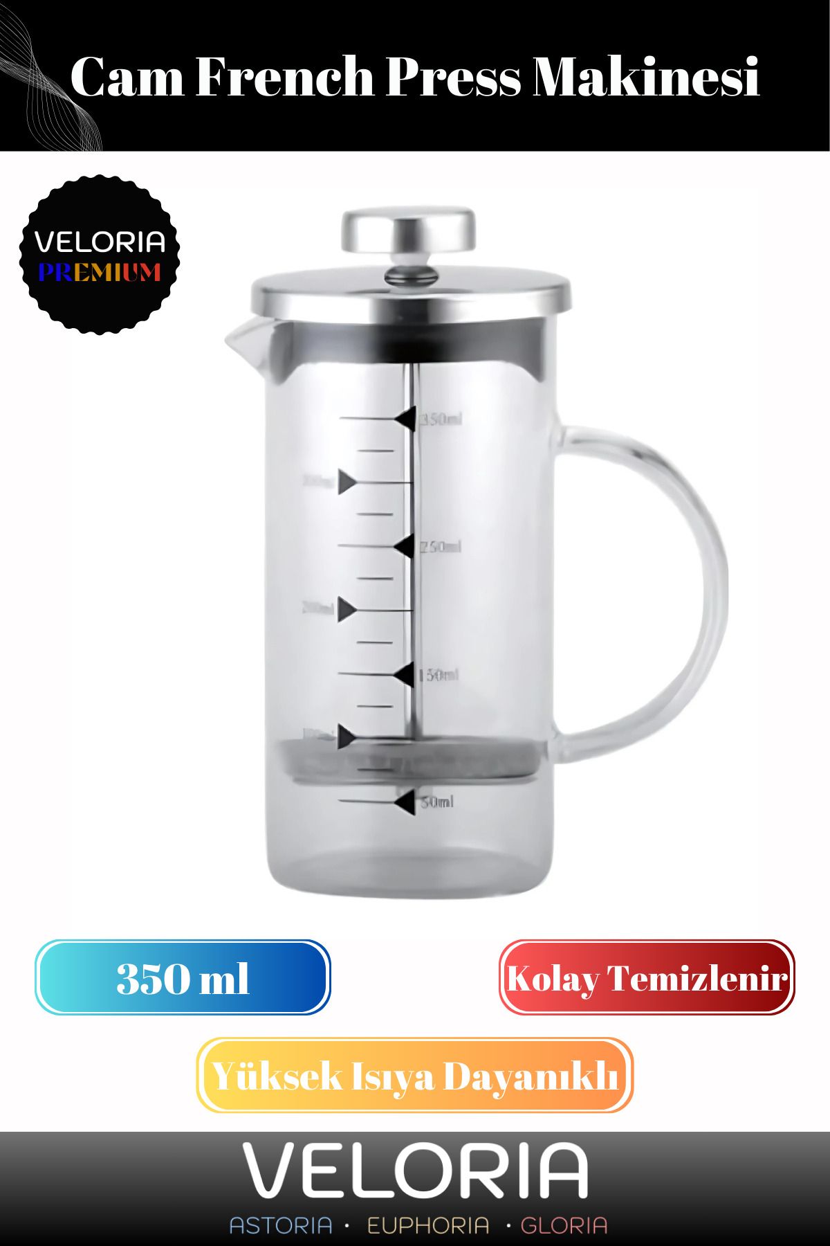 Genel Markalar Premium Seri Isıyı Uzun Süre Koruyan Süzgeçli Bitki Çayı Filtre Kahve Demliği French Press 350 ml