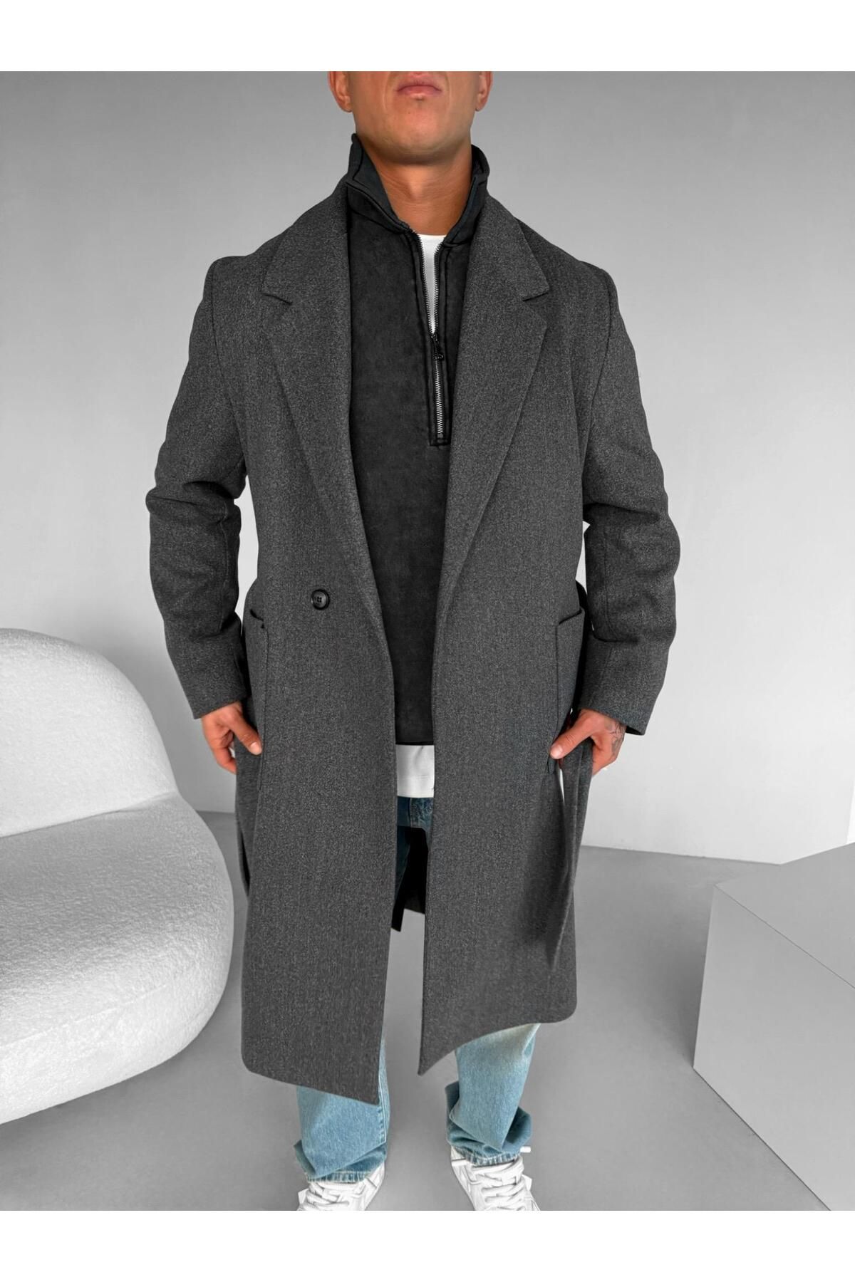 ablukaonline-Anthracite Stamp Men's Coat - Belted 2