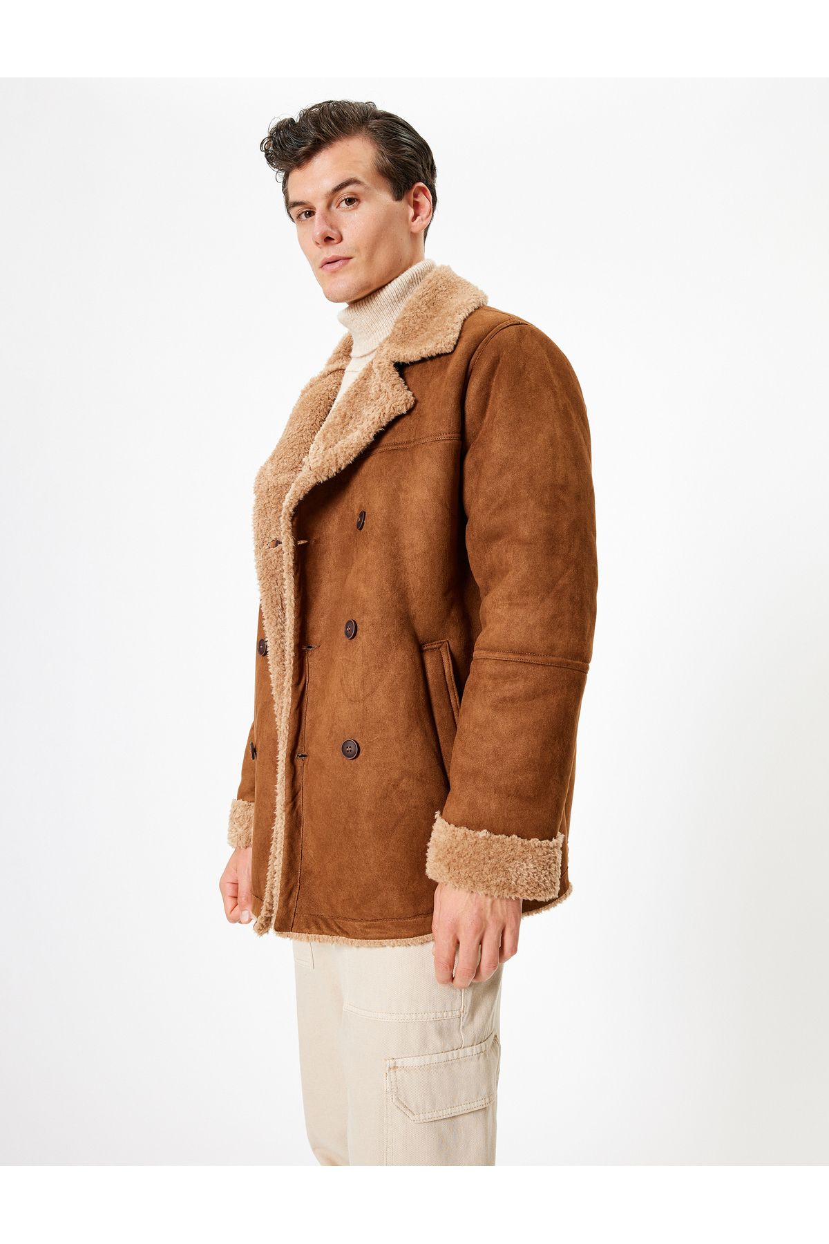 Koton-Slim Fit Coat Suede Look Plush Inside Buttoned 1