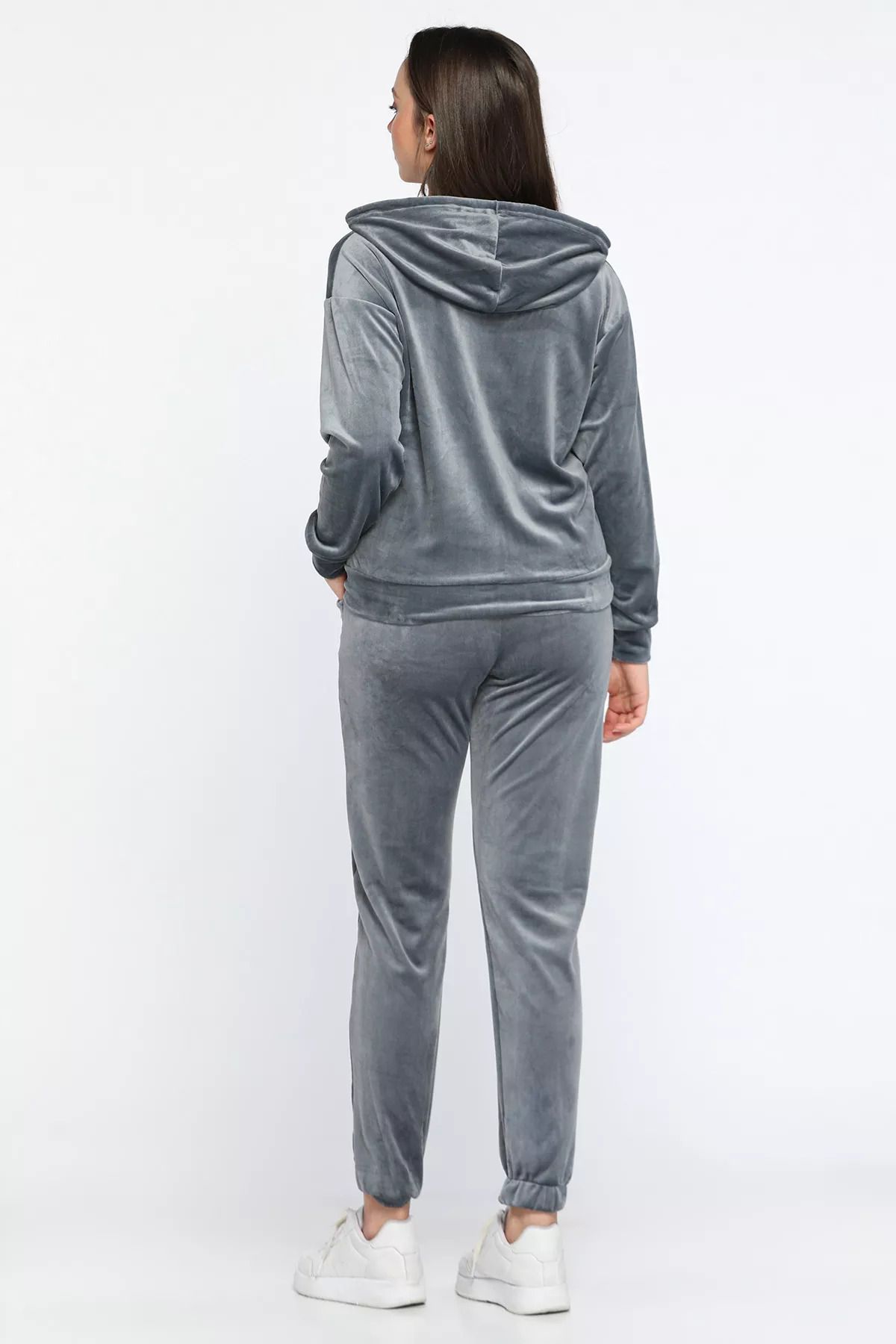 GÜLSELİ-Gray Women's Velvet Hooded Zippered Sweat Pants Double Set 3