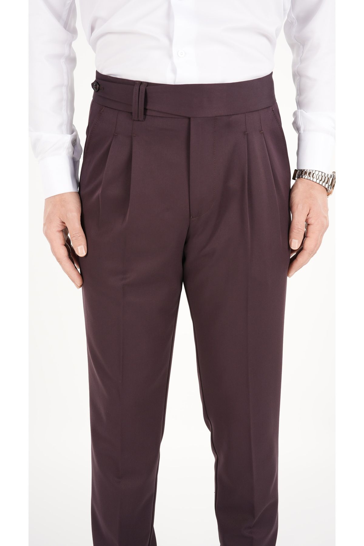 LONATOLİA-Men's Regular Fit High Waist Pleated Fabric Trousers-Burgundy 2