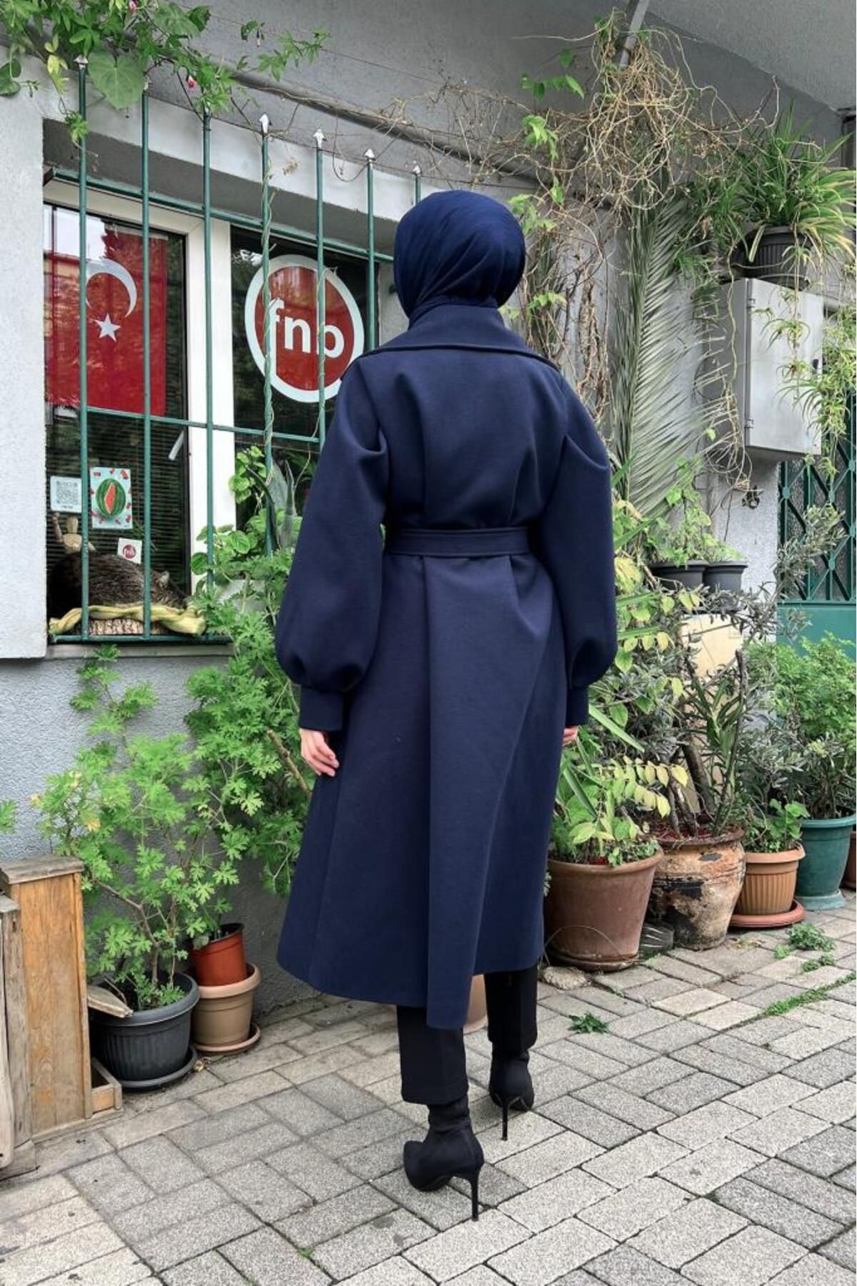 Lamia Giyim-Sleeves Balloon Cut Comfortable Fit Hijab Stamp Coat Navy Blue 5