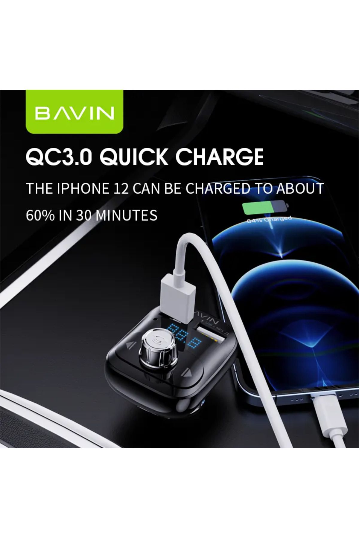 Bavin BM-02 Araba FM Verici Ses Alıcı Adaptörü BT 5.0 çift USB QC3.0 Hızlı Şarj MP3 Çalar