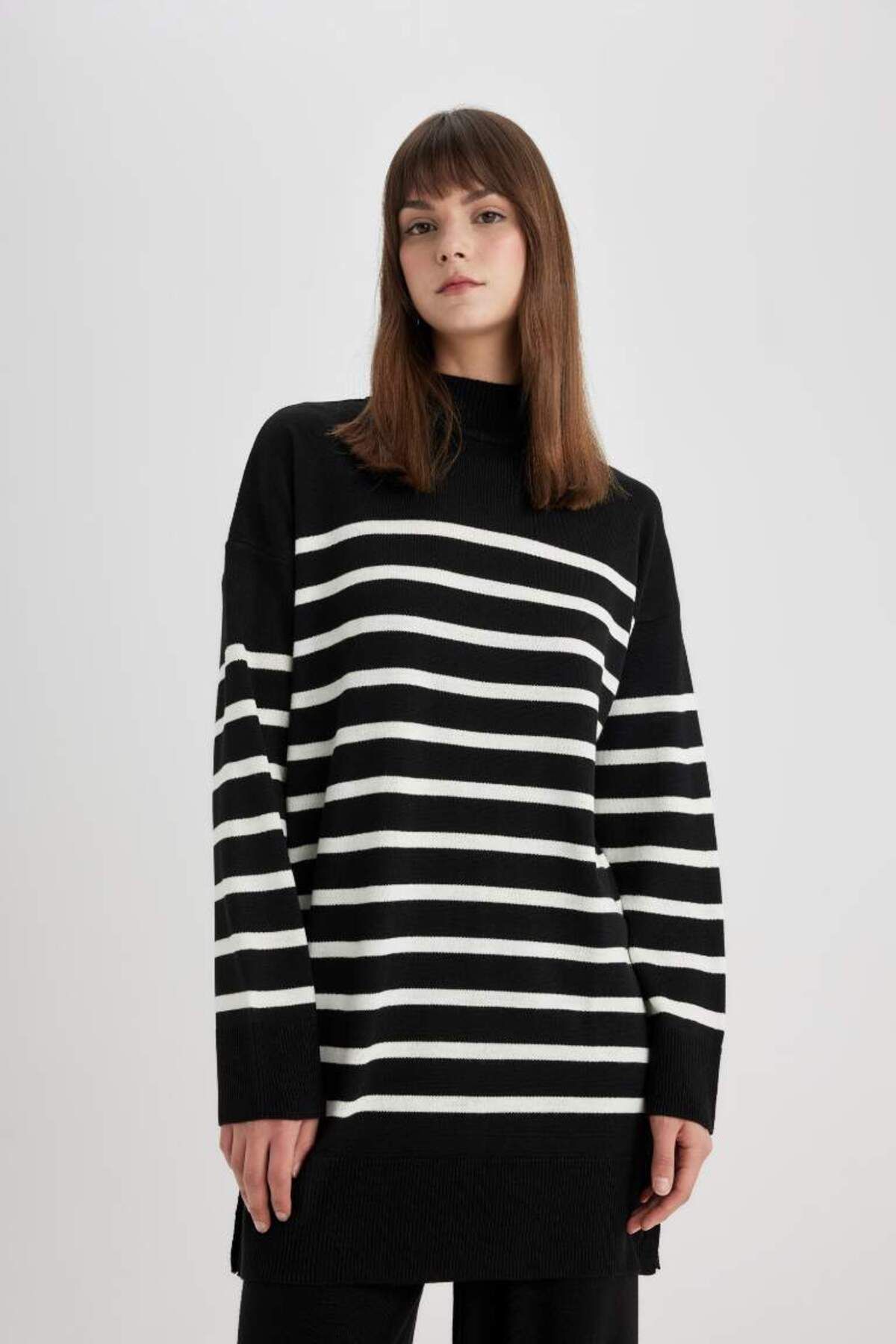 DeFacto-Relax Fit Striped Turtleneck Slit Knitwear Sweater Tunic 4