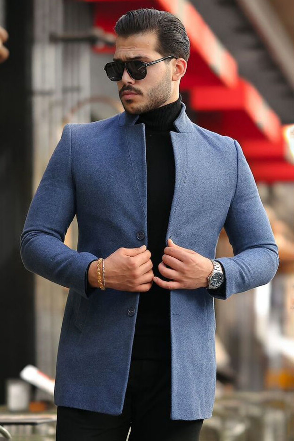 Dik Yakalı Düğme Kapamalı Çift Cepli Dar Slim Fit Kesim Astarlı Bel Altı Boy Klasik Cool Kaşe Kaban — آبی ABLG-0608 — تصویر 4 از 6