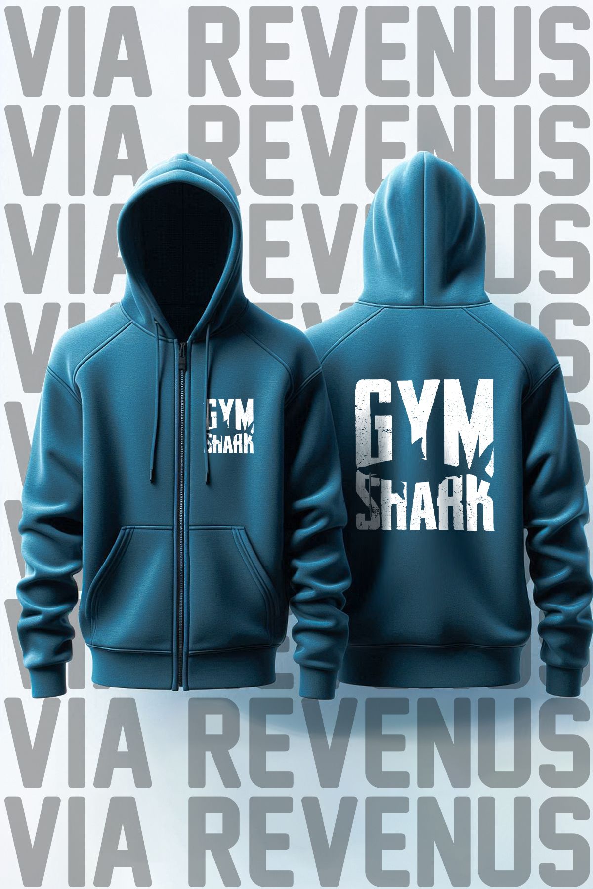 Vordevia Gym Shark Ön ve Arka Baskılı Unisex Fermuarlı Kapüşonlu Sweatshirt Hırka