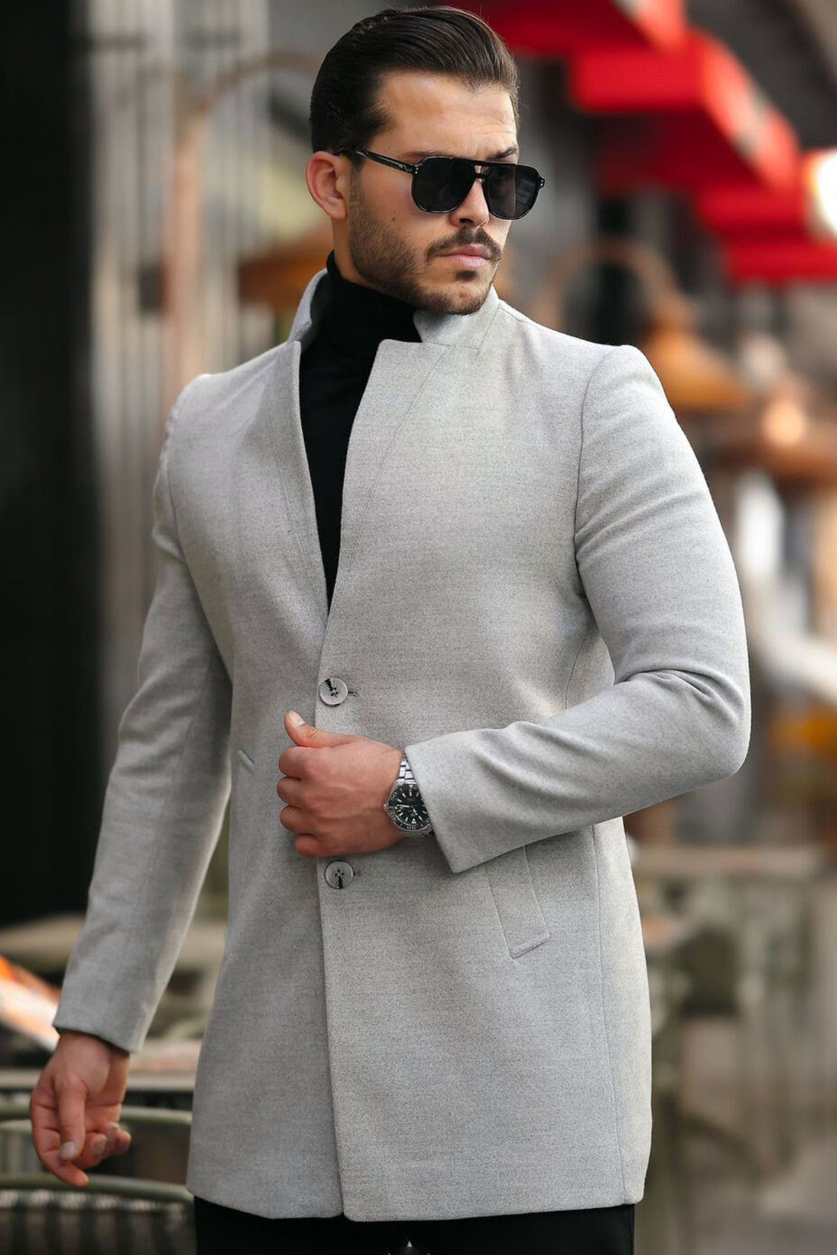 Regular Boy Çift Cepli Slim Kesim Dar Kalıp Dik Hakim Yakalı Klasik Model Günlük Şık Kaşe Kaban — خاکستری VBLG-0608 — تصویر 3 از 6