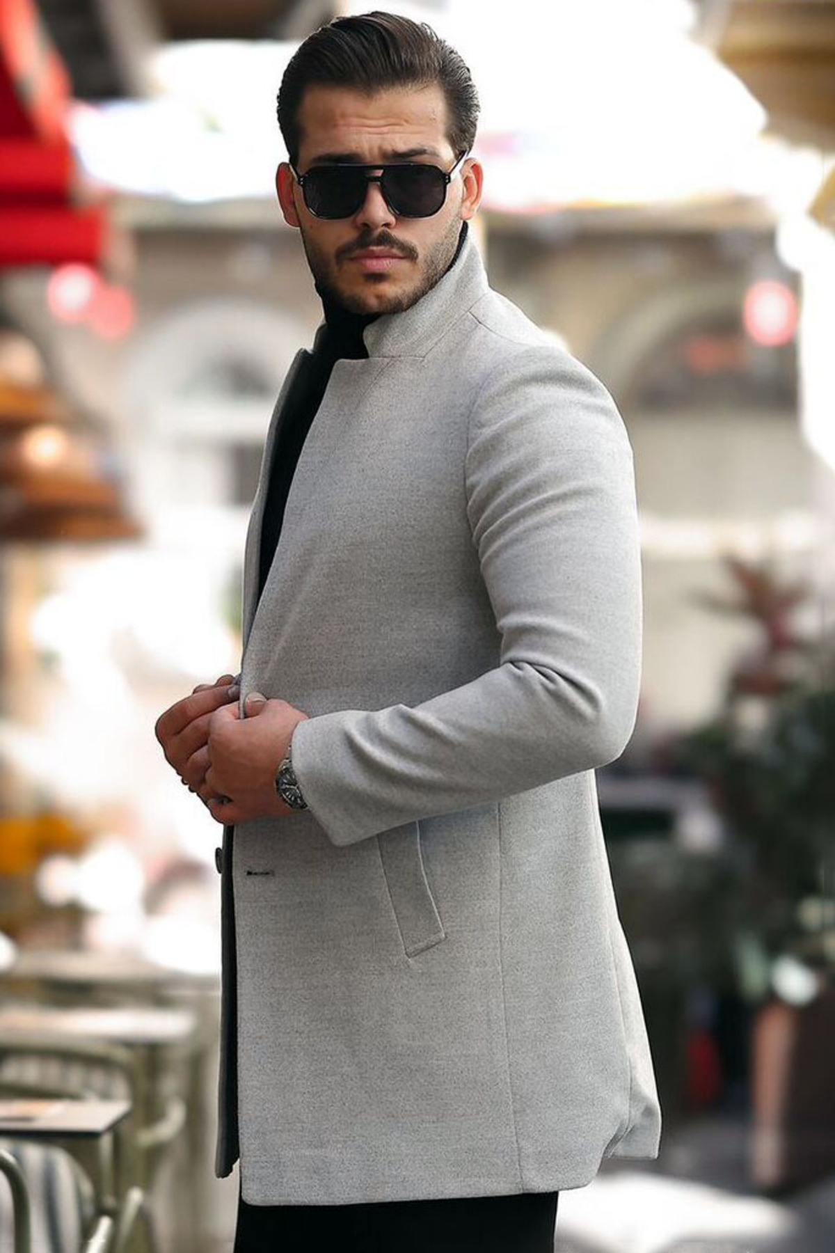 Regular Boy Çift Cepli Slim Kesim Dar Kalıp Dik Hakim Yakalı Klasik Model Günlük Şık Kaşe Kaban — خاکستری VBLG-0608 — تصویر 2 از 6