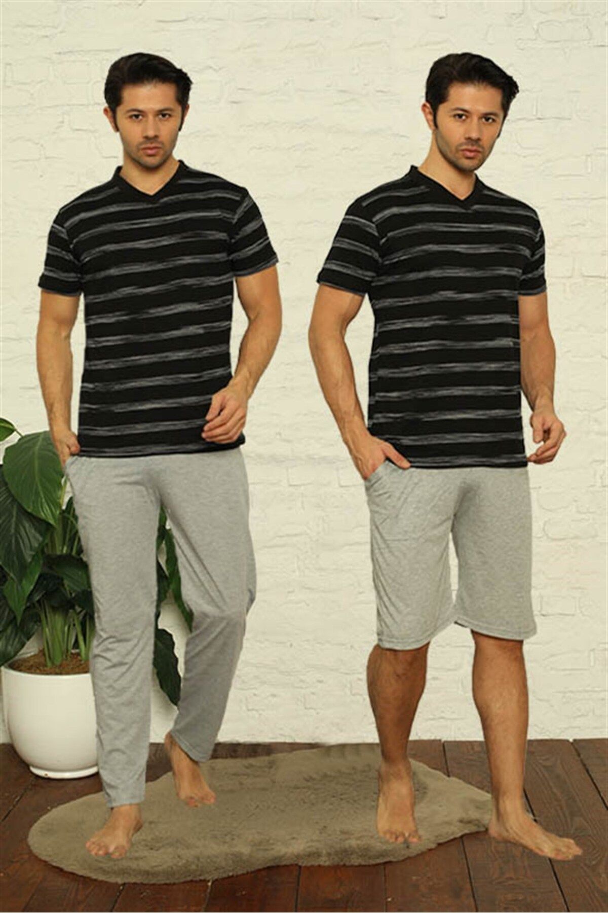 COXO Fashion`S Moda Çizgi Erkek Siyah V Yaka 3'lü Pijama Takım 6822